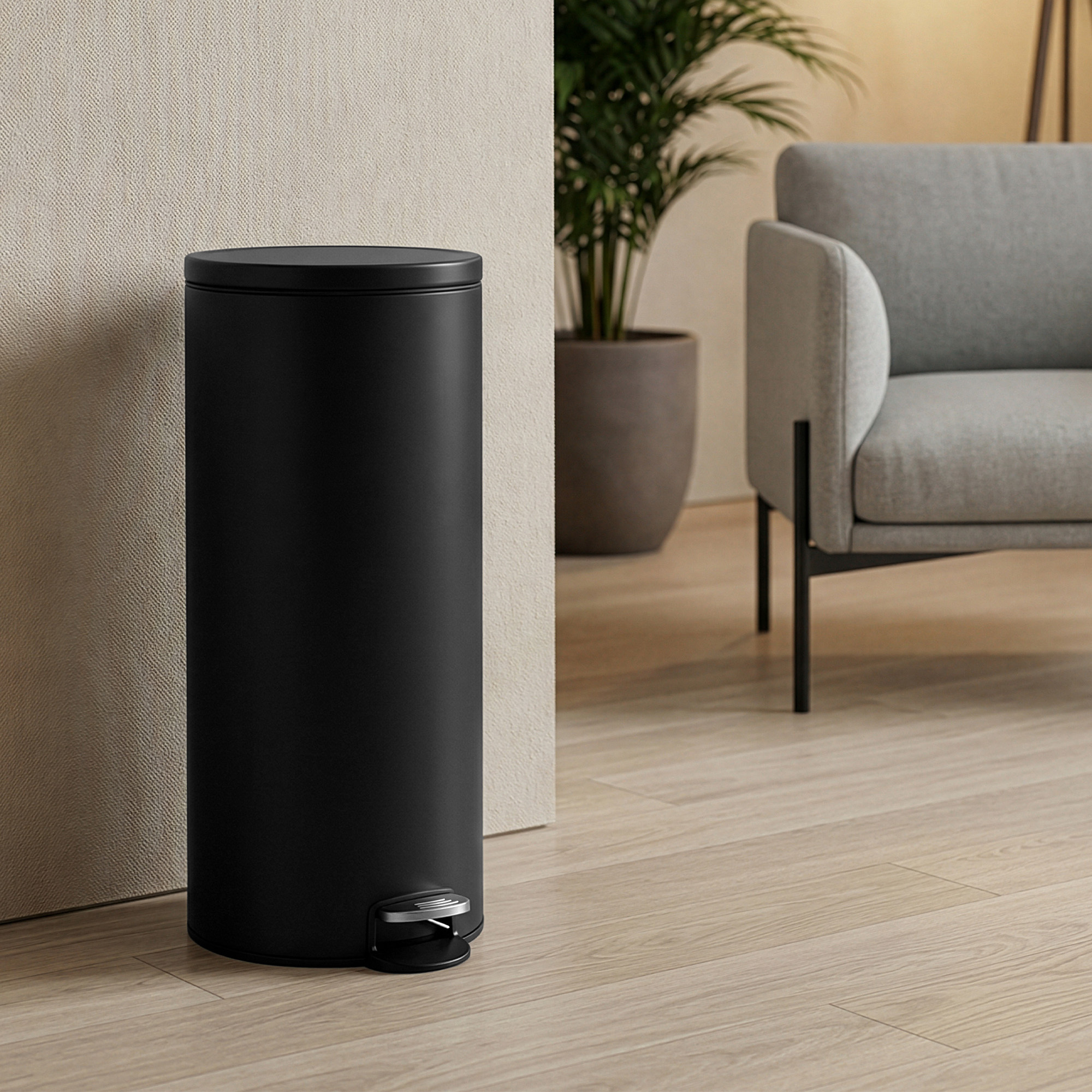 Cold-rolled Steel Trash Can In Black, 30 Liter Capacity With Removable Plastic Bag, Durable Metal Lid, Kitchen Waste Bin, Includes 15 Trash Bags, Metal Foot Pedal, Removable Plastic Handle, Lid