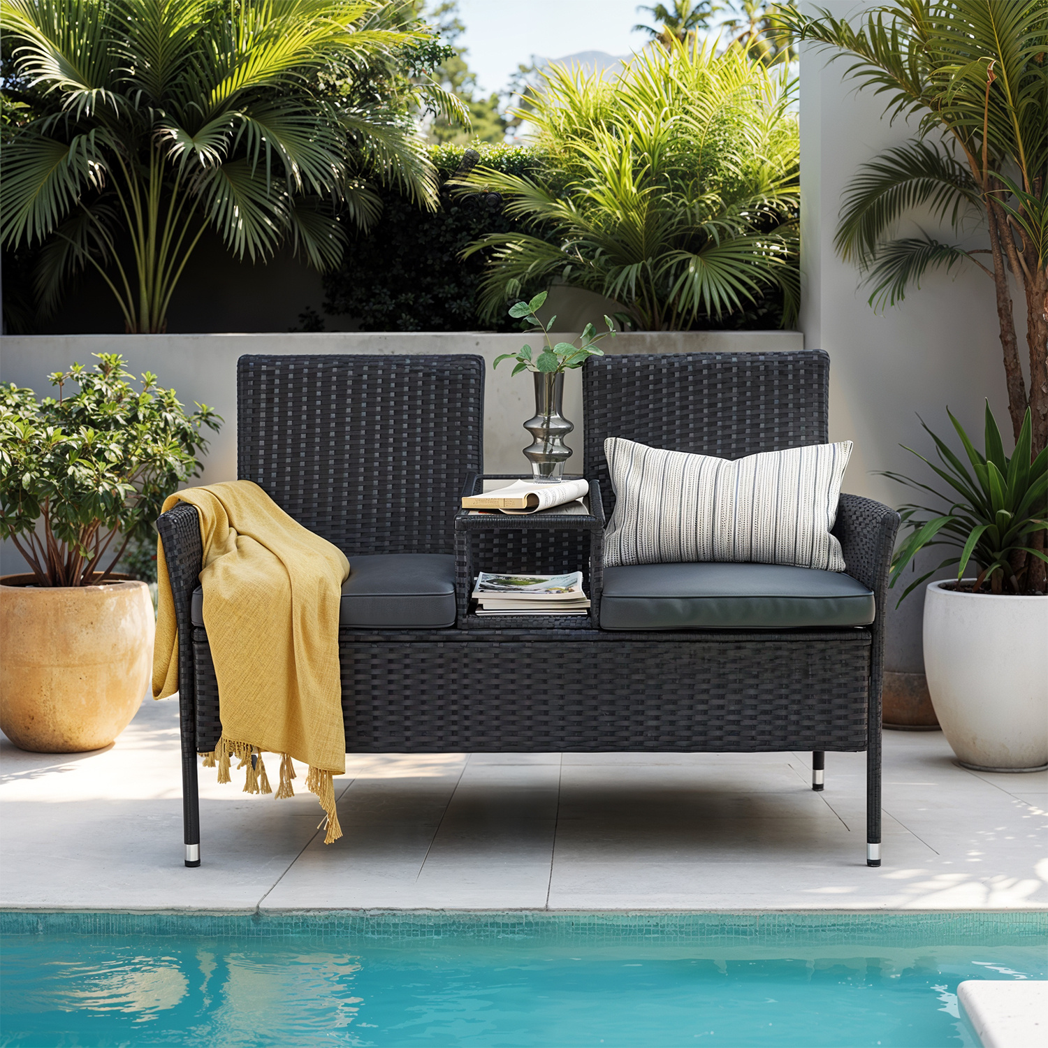 E-shop Outdoor-Sofa-Set mit Tisch und Stühlen, PE-Rattan-Balkonmöbel, Gartenbank mit Tisch, Sofa, Terrassenmöbel, für den Außenbereich, mit Kissen,