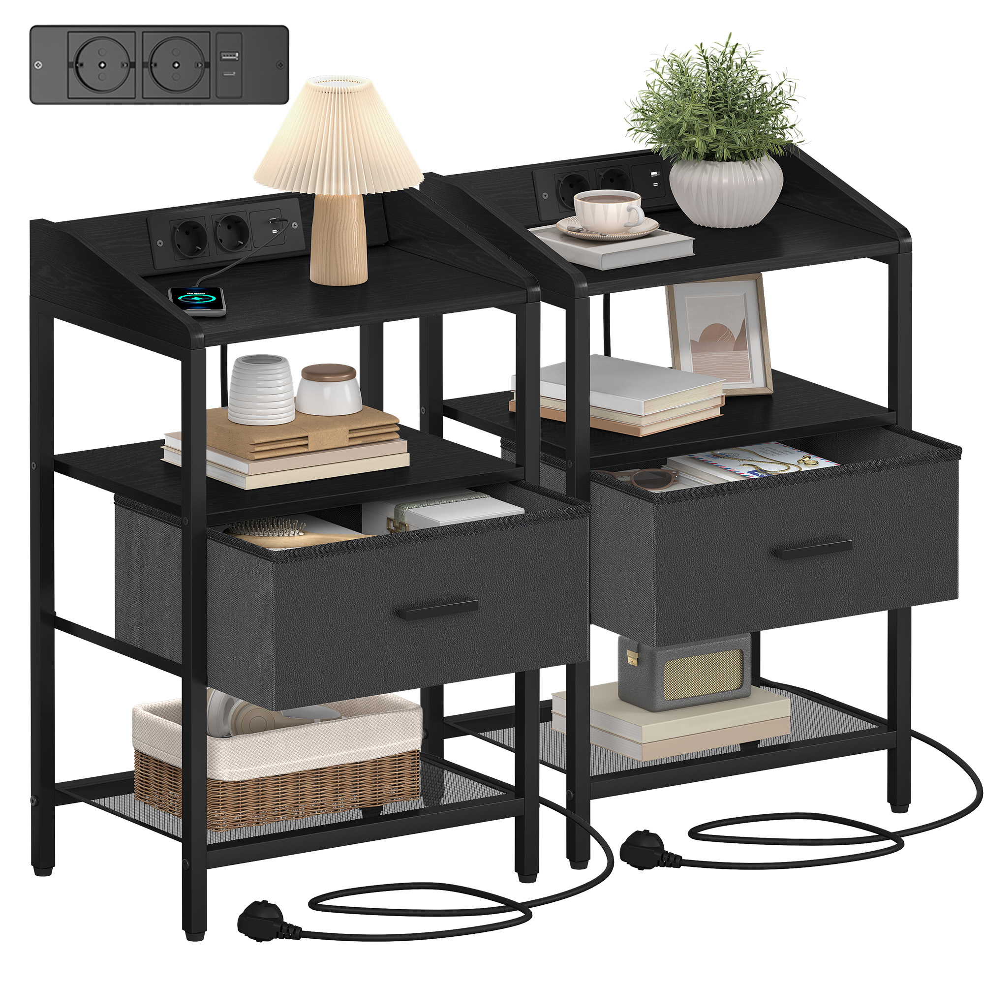 TEMU Table de Chevet Lot de 2, Table d'Appoint avec Multiprise, Tables de Nuit avec 1 tiroir en Tissu et Compartiment Ouvert, pour Chambre à Coucher,