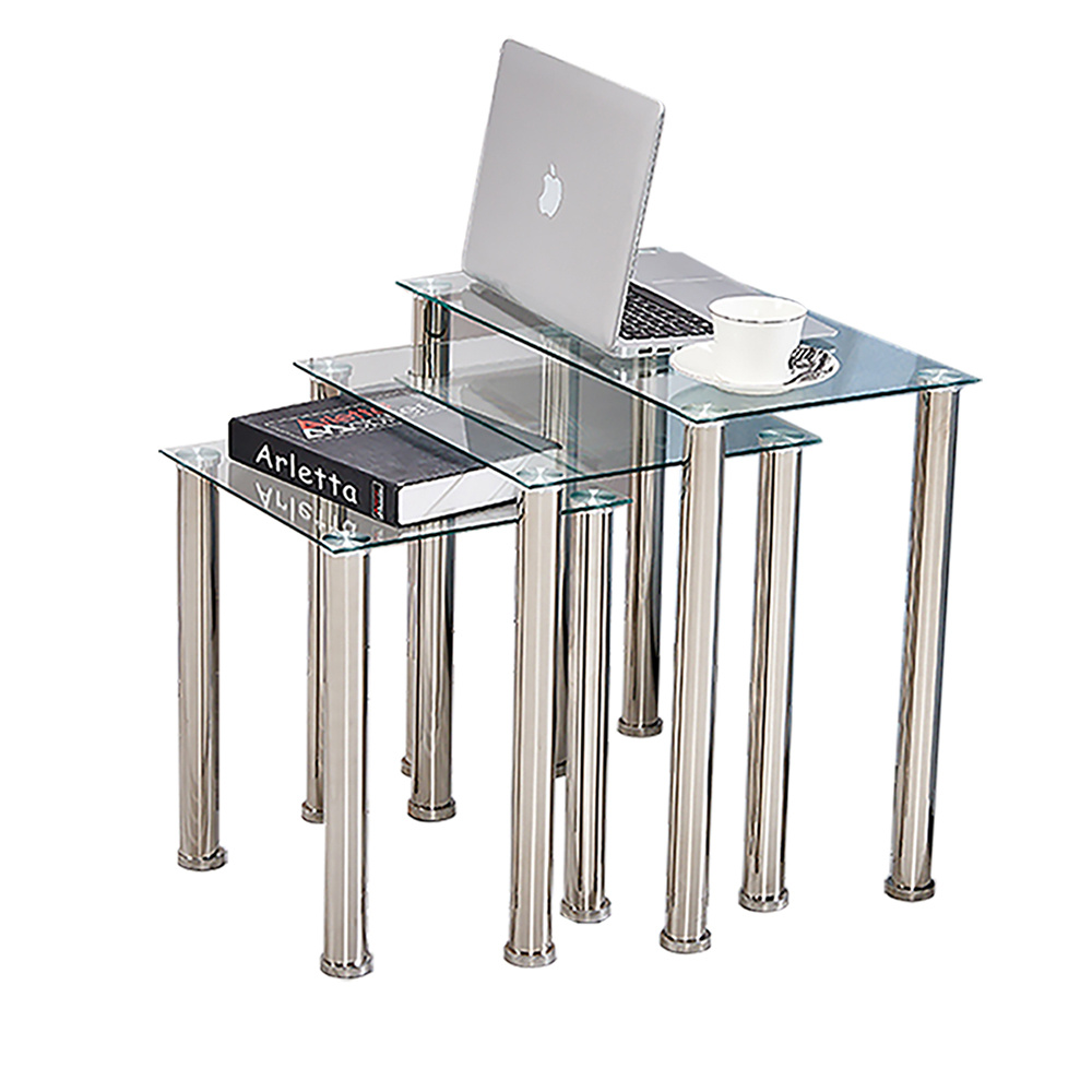 glass nest of tables set of 3 with chrome leg for living room bedroom rectangular   set sofa side table end table for small narrow corner space