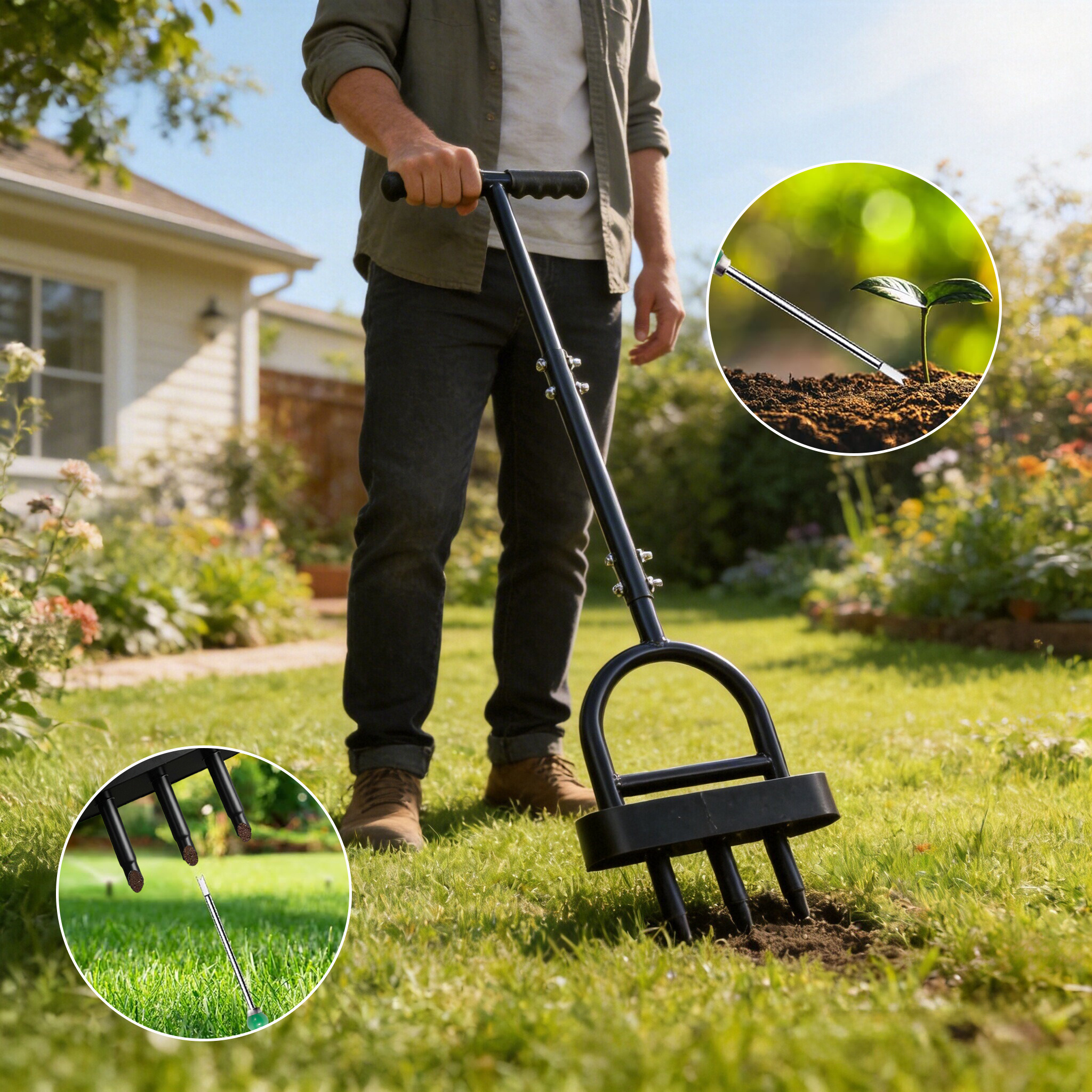 Manual Lawn Aerator With Hollow - Aerification Fork / Ventilation Fork, Long Handle Tool, 3 , Including Cleaning Tool, For Professional Lawn Care.