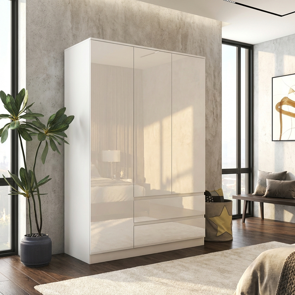 TEMU Soho White Gloss 3 Door Wardrobe Clothes Storage, Heavy Duty Clothes Rail And 2 Drawers, Scratch Resistant Wide Large Wardrobes For Bedroom,