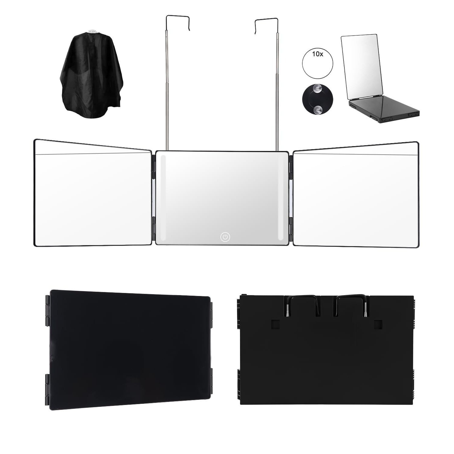 E-shop 3-Seiten-Spiegel, 360°-Spiegel, verstellbarer 3-Wege-Friseurspiegel, klares beschlagfreies HD-Glas, wandmontiert, Charakter-Finish, polierte