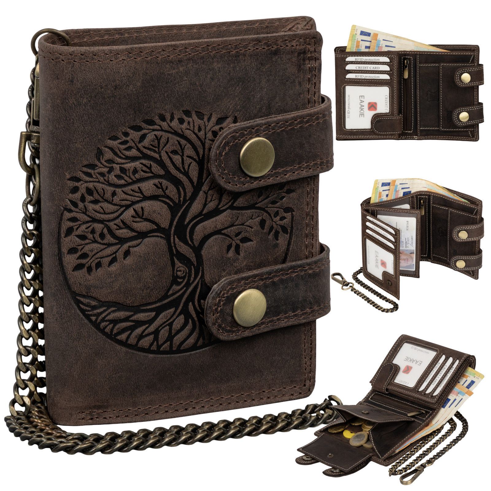 Image of Leather Men's Wallet Rfid Wallet Buffalo Leather Embossing With Chain Black Vertical Format Tree Of Life