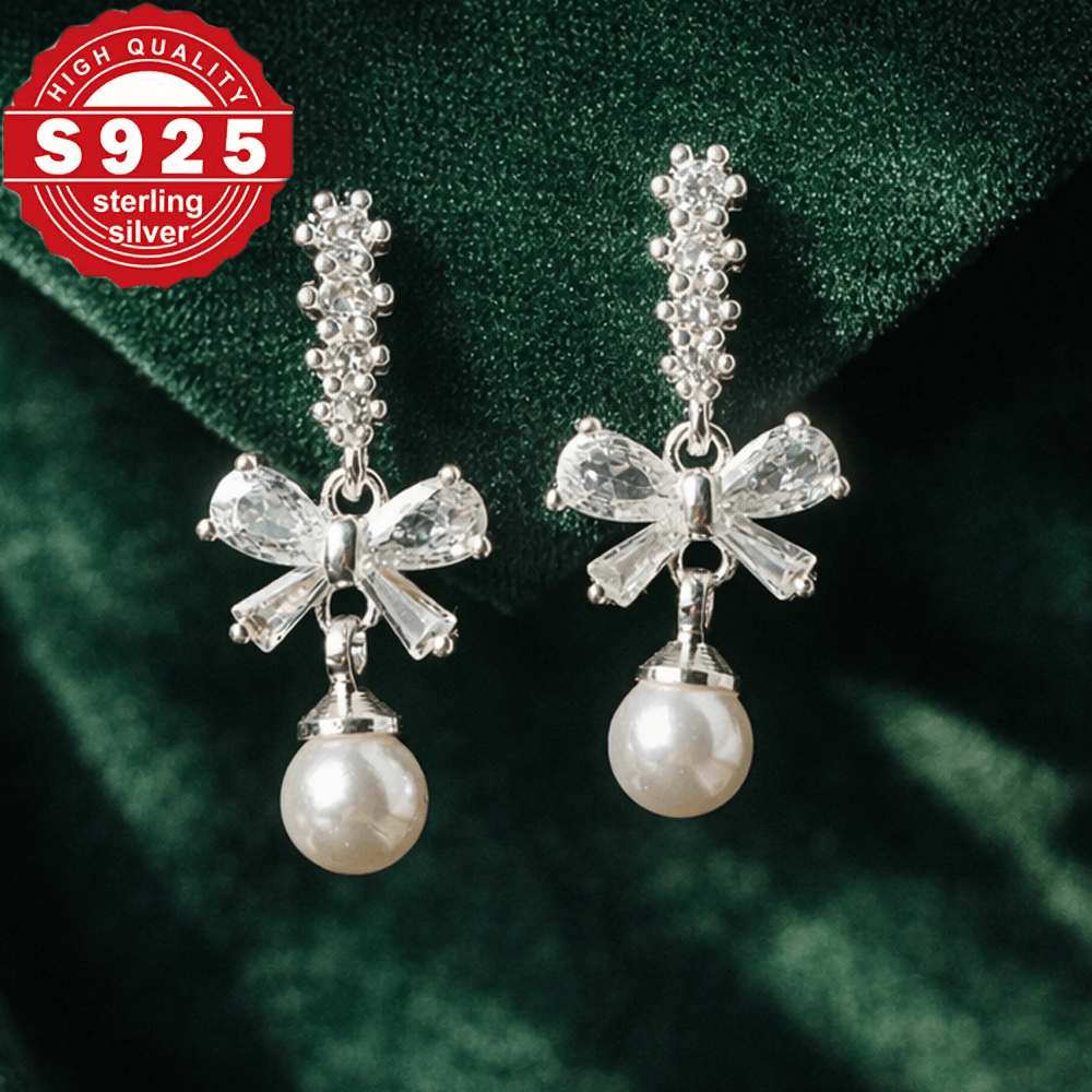 TEMU Pendientes de plata 925 con y perla de – Elegantes pendientes colgantes para mujer, regalo de joyería de circonita cúbica para damas