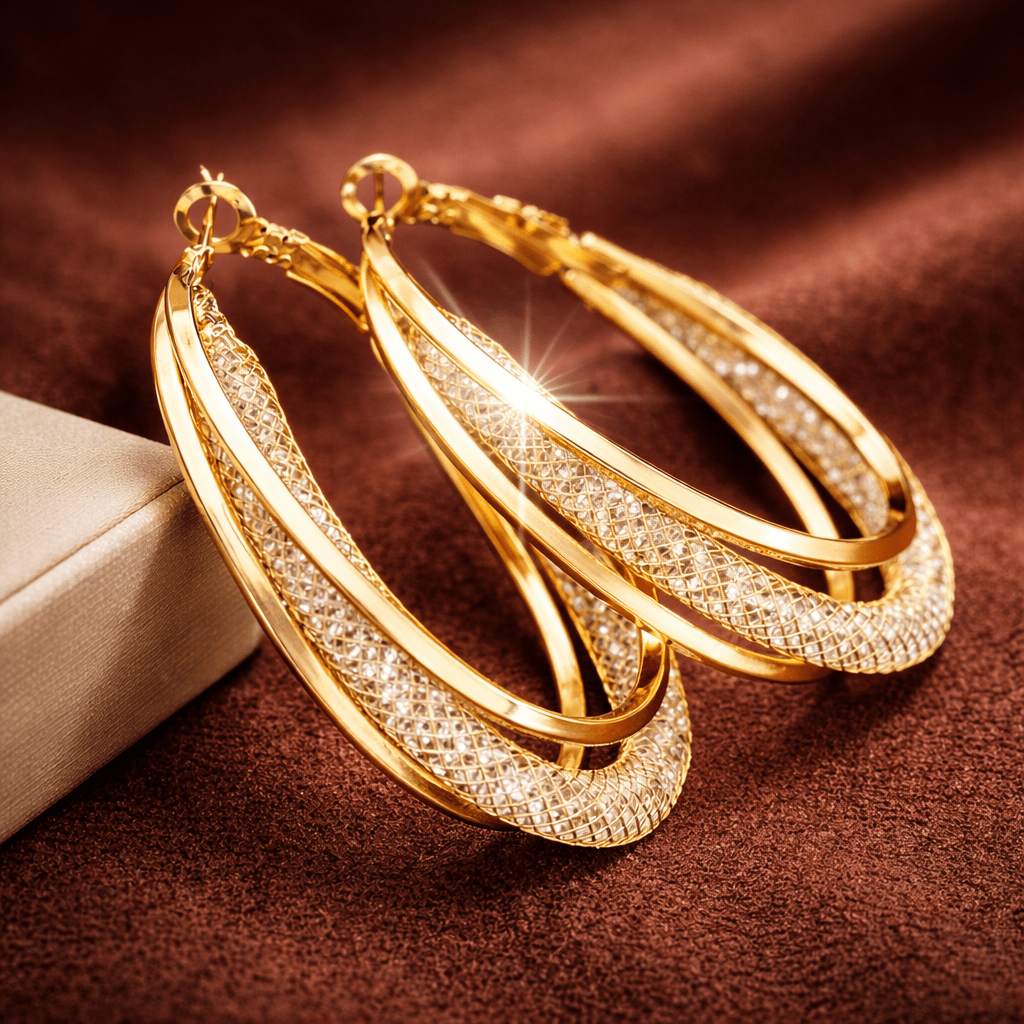 E-shop 14K vergoldete Damen Creolen Ohrringe – Gedrehte Glanz Creolen mit Struktur, Eleganter Modeschmuck für , Party, Hochzeit & Geschenk