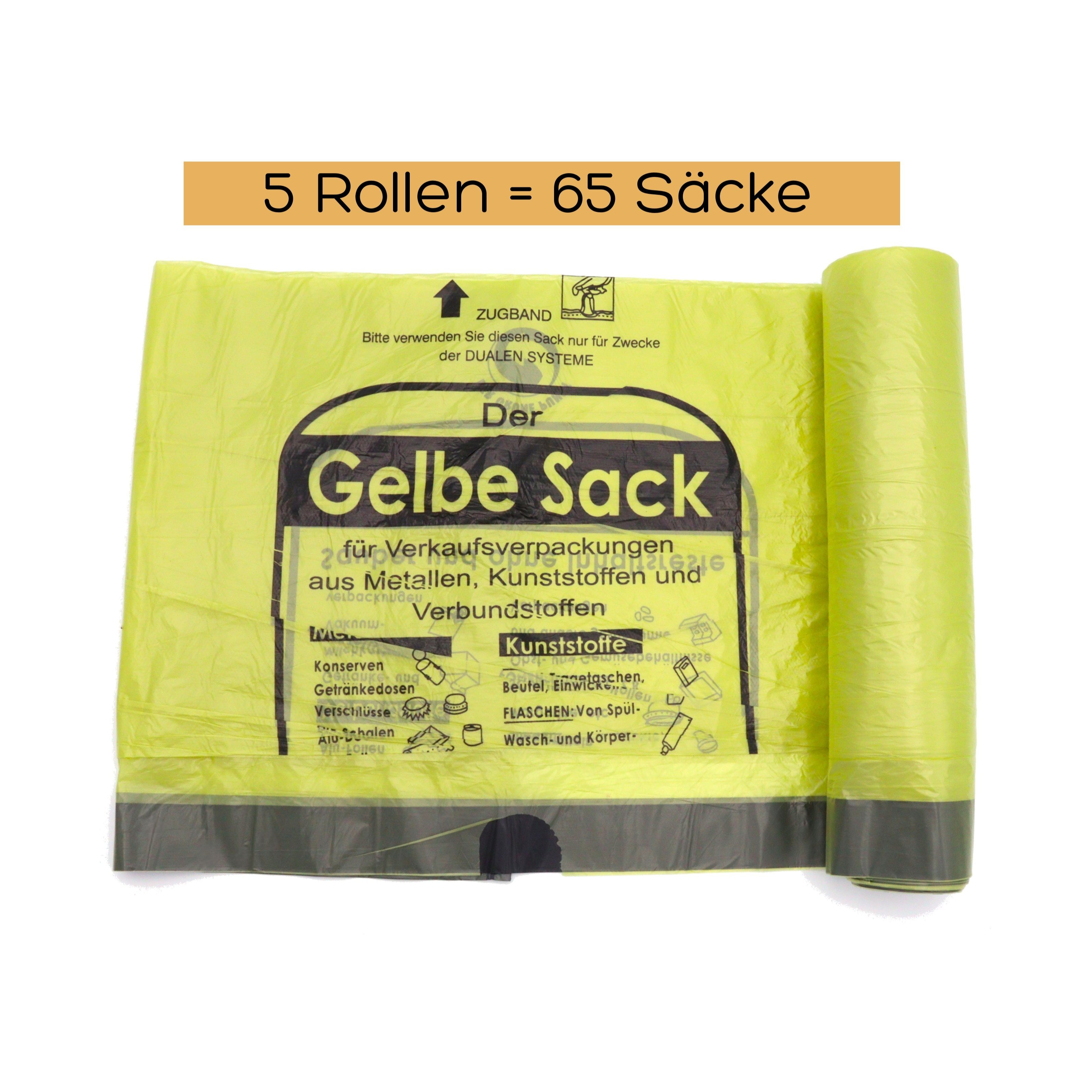 E-shop 5 Rollen Gelbe Säcke 90L – Rollen à 13 Säcke | für | Wertstoffsack | Recycling Müllsäcke 90l | 15µ | Abfallsäcke – Trash Bag – Yellow Waste Bags