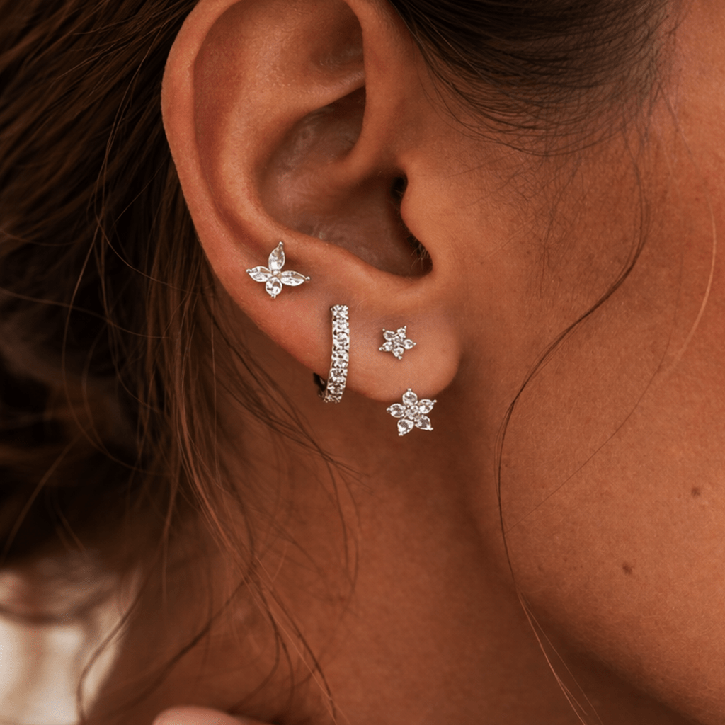 Image of 3rd Set Of Ladies' Earrings Silver-colored & Earring Studs Zirconia Earring Set Elegant Small Jewelry For Women