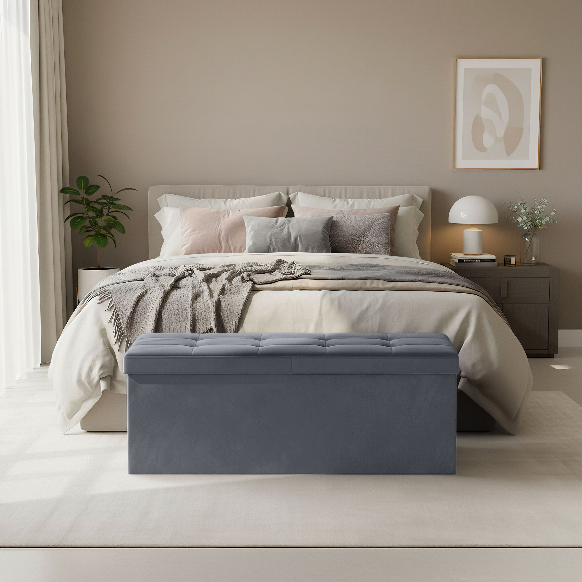 Image of Ottoman With Lid, Bench With Storage, For Entrance Area, Storage Box, 38 X 110 X 38 Cm, Velvet, Grey