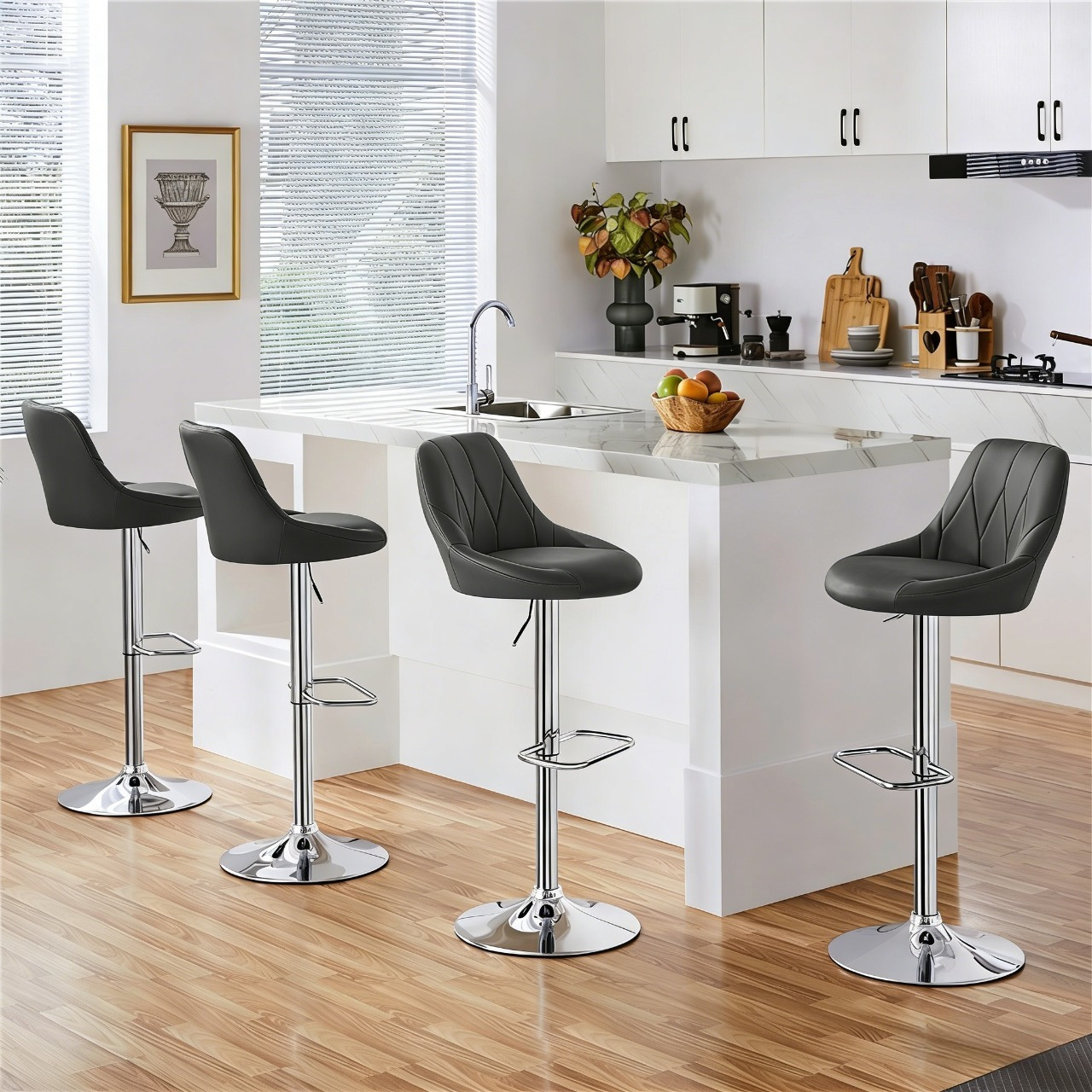 2pcs bar stools faux leather swivel barstools height adjustable modern bar chairs with ergonomic backrest cushioned seat chrome footrest for home kitchen   counter dark grey black   white light grey details 0