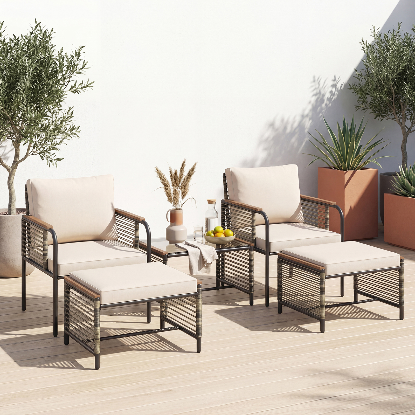 Image of 5 Piece Garden Set, Pe Rattan Outdoor Lounge Set With 2 Cushioned Armchairs, 2 Footrests And Tempered Glass Coffee Table