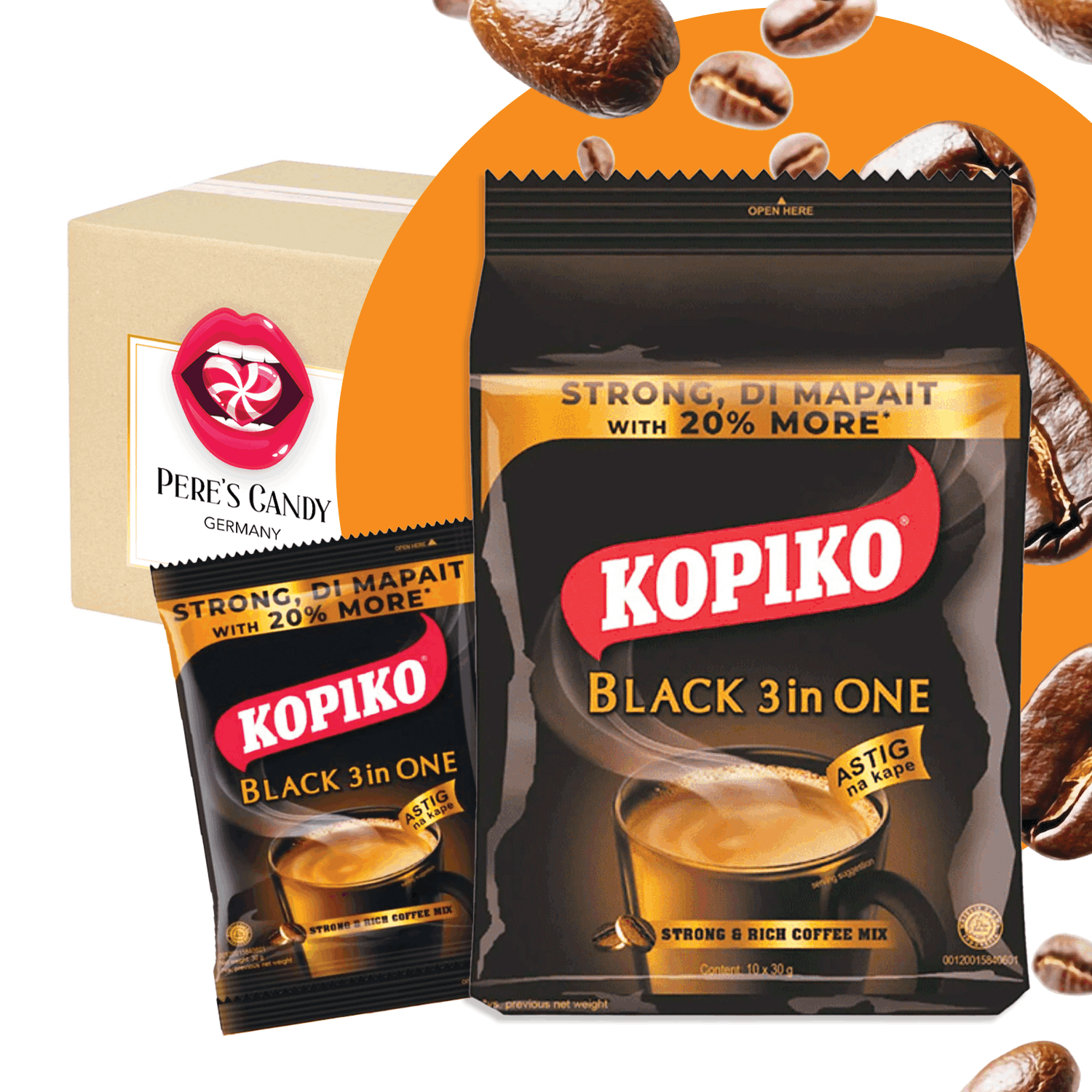 Image of Kopiko Black 3 In 1 Instant Powder 300g - Coffee Drink Powder With Sugar And Coffee Whitener - 10x30g Sachets