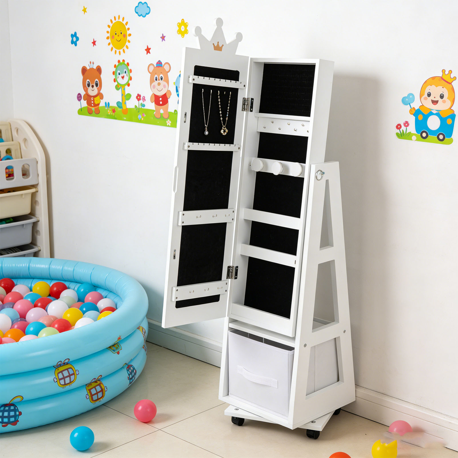 Image of Kids Jewelry Armoire Cabinet, Free-standing Full Length Mirror With Swivel Base And Lockable Universal Wheels, Kids Vanity Dress Up Mirror With Storage, Birthday Christmas Gift For Girls