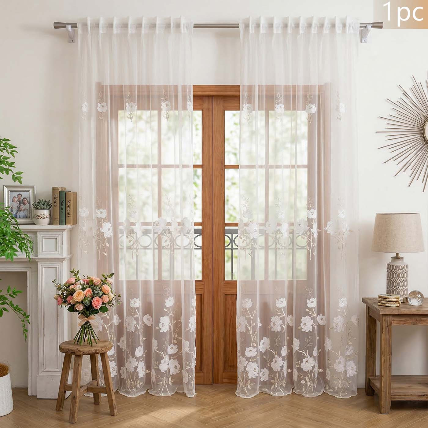 Minimalist White Floral Embroidered Sheer Curtain, Lightweight Curtain For Bedroom, Balcony Decor