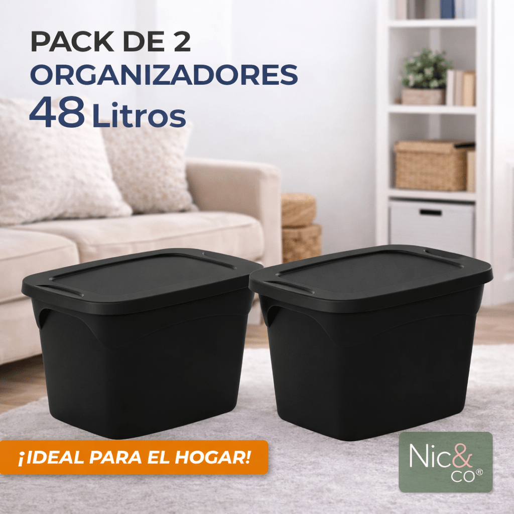 TEMU Nic&Co Pack 2 Contenedores 48L Negro con – Organizadores de Ropa, Juguetes y Hogar, Apilables y de Durabilidad. Plástico de Calidad.