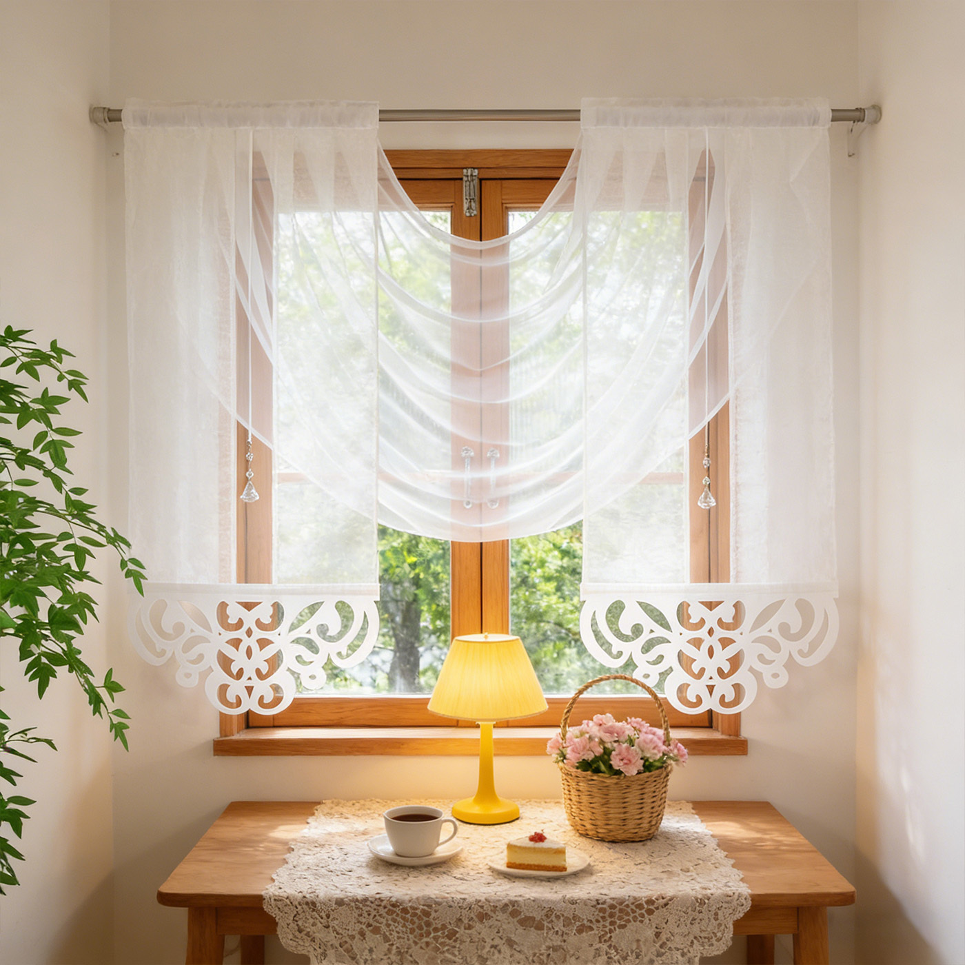 Image of Minimalist White Sheer Curtain, Wave Pleated Design Light Filtering Curtain For Small Window