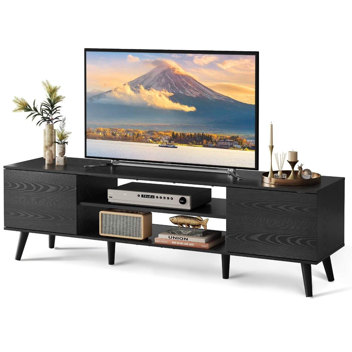 Tv Cabinet 160 Cm Long, Wooden Lowboard For 60 65 70 Inch Tvs, Tv Stand With 2 Doors