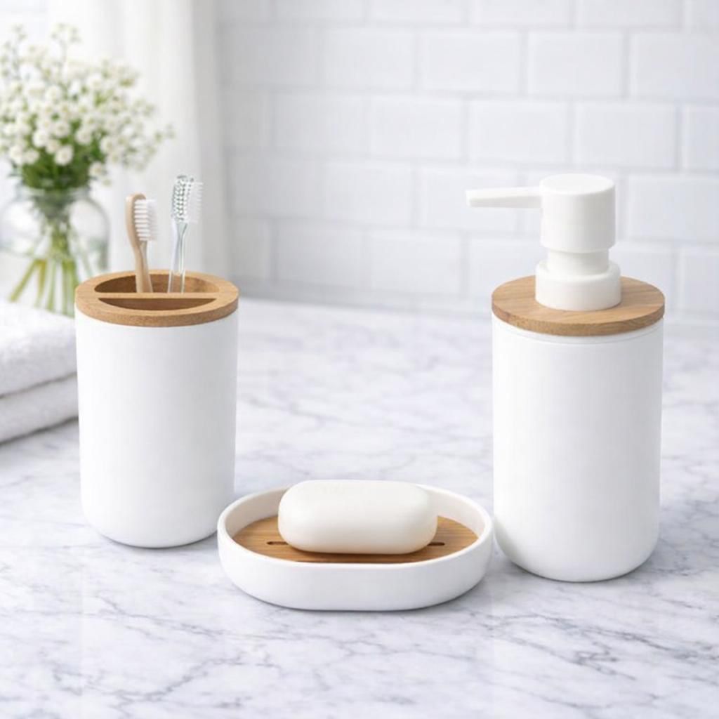 set de baño minimalista   con bambú 3 piezas – dispensador jabón, vaso y jabonera