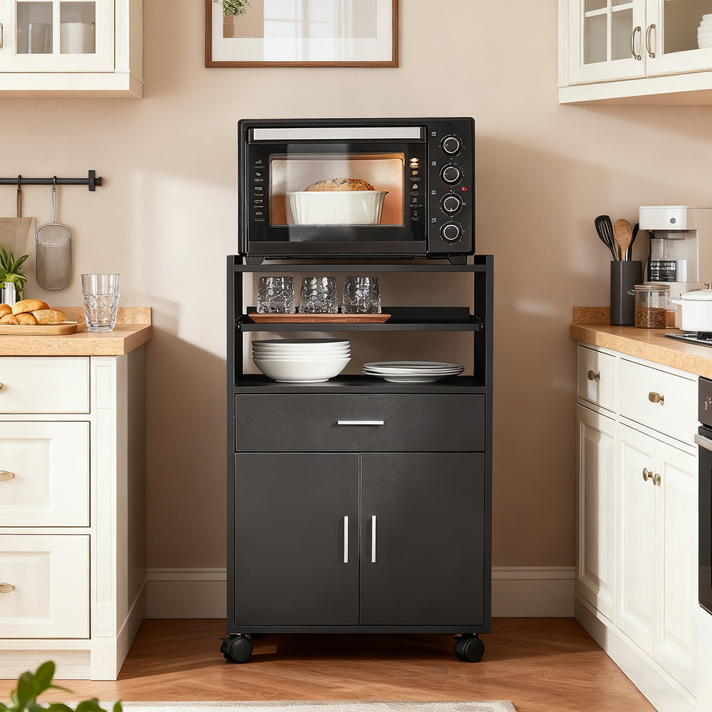 TEMU Carro de cocina de 1 pieza con ruedas, encimera extensible, soporte para microondas, gabinete, cajón y 3 estantes, carrito de servicio con de
