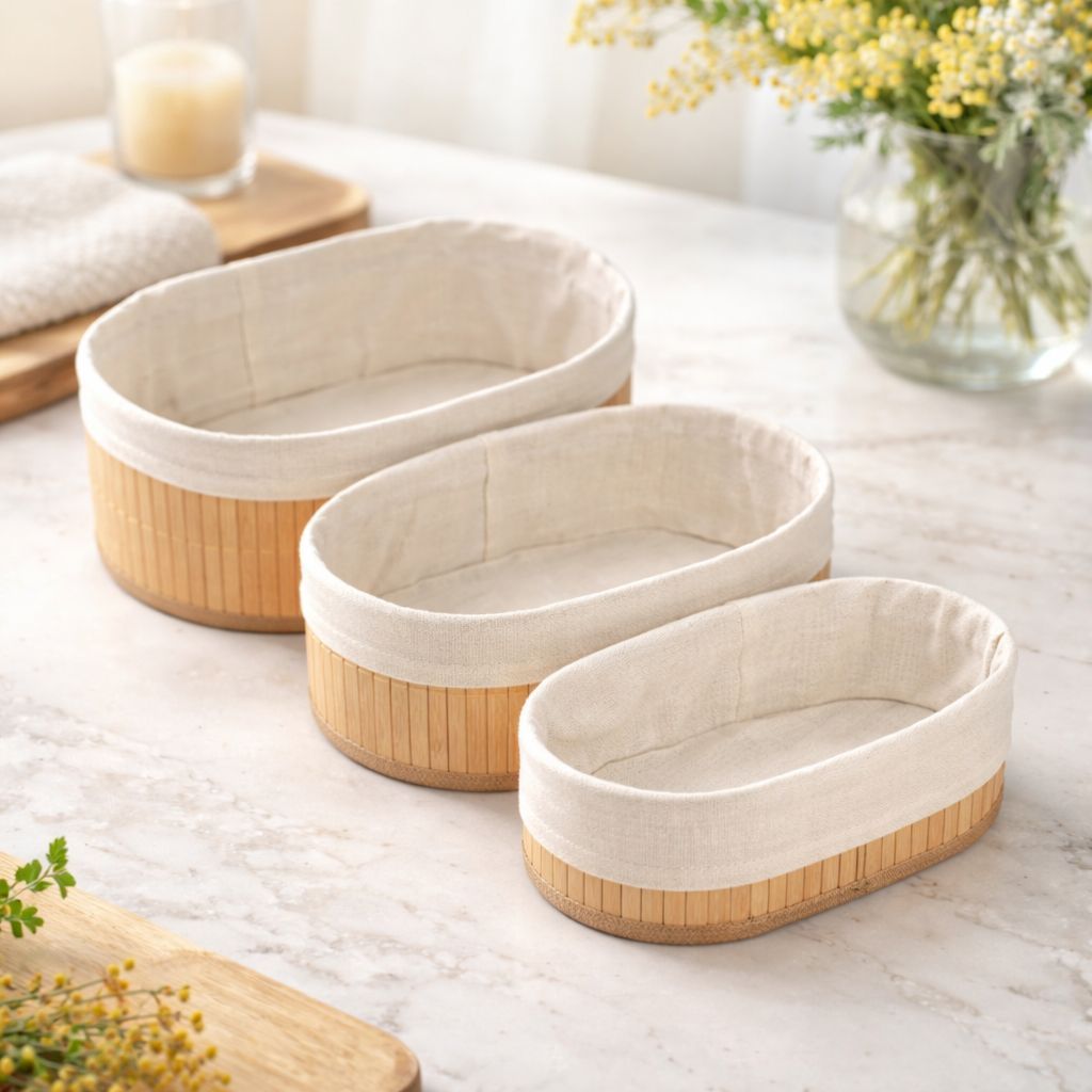 set de cestas organizadoras bambú y tela 3 piezas – organizadores multiuso cocina, baño y  