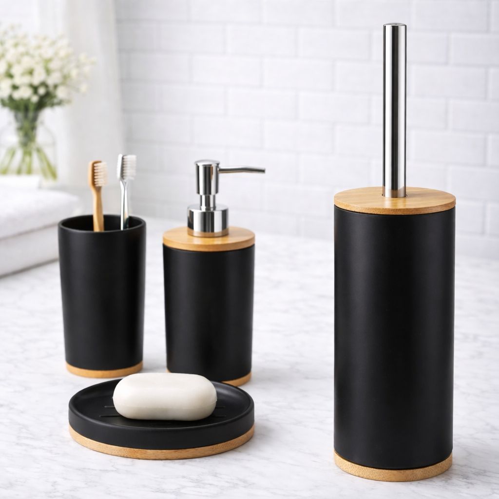 TEMU Set de baño premium negro mate 5 piezas – dispensador jabón, vaso, escobilla WC y jabonera