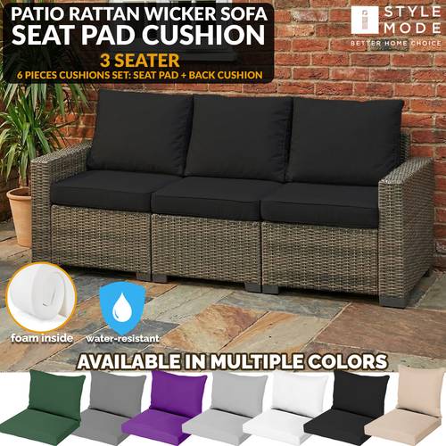 3 seater 6pcs rattan chair cushion set water resistant seat back pads replacement garden sofa cushions for outdoor wicker furniture removable covers