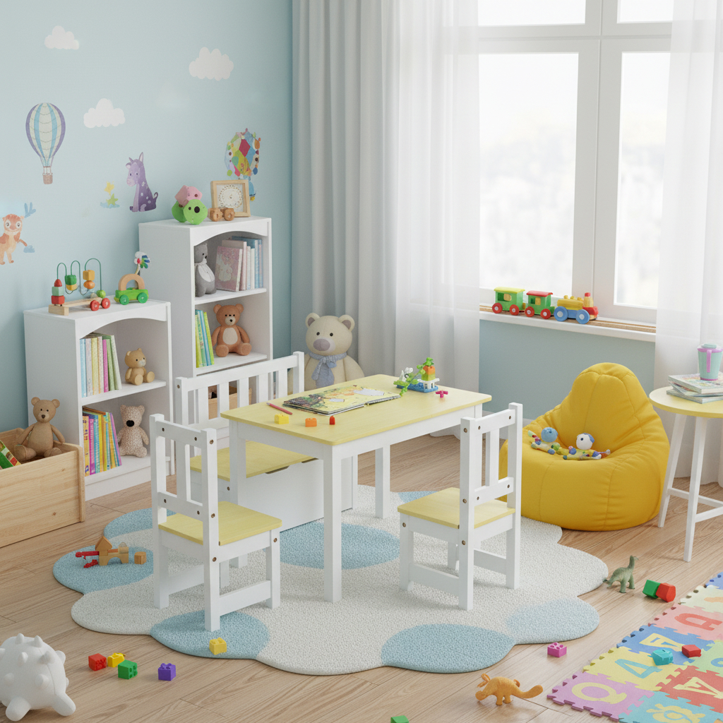 Image of 4pcs Kids Table & Chair Set, 2-in-1 Wooden Toddler Activity Table Set W/ 2 Chairs & 1 Storage Bench For Playing Writing Craft, Children Furniture For Playroom, Nursery, Classroom