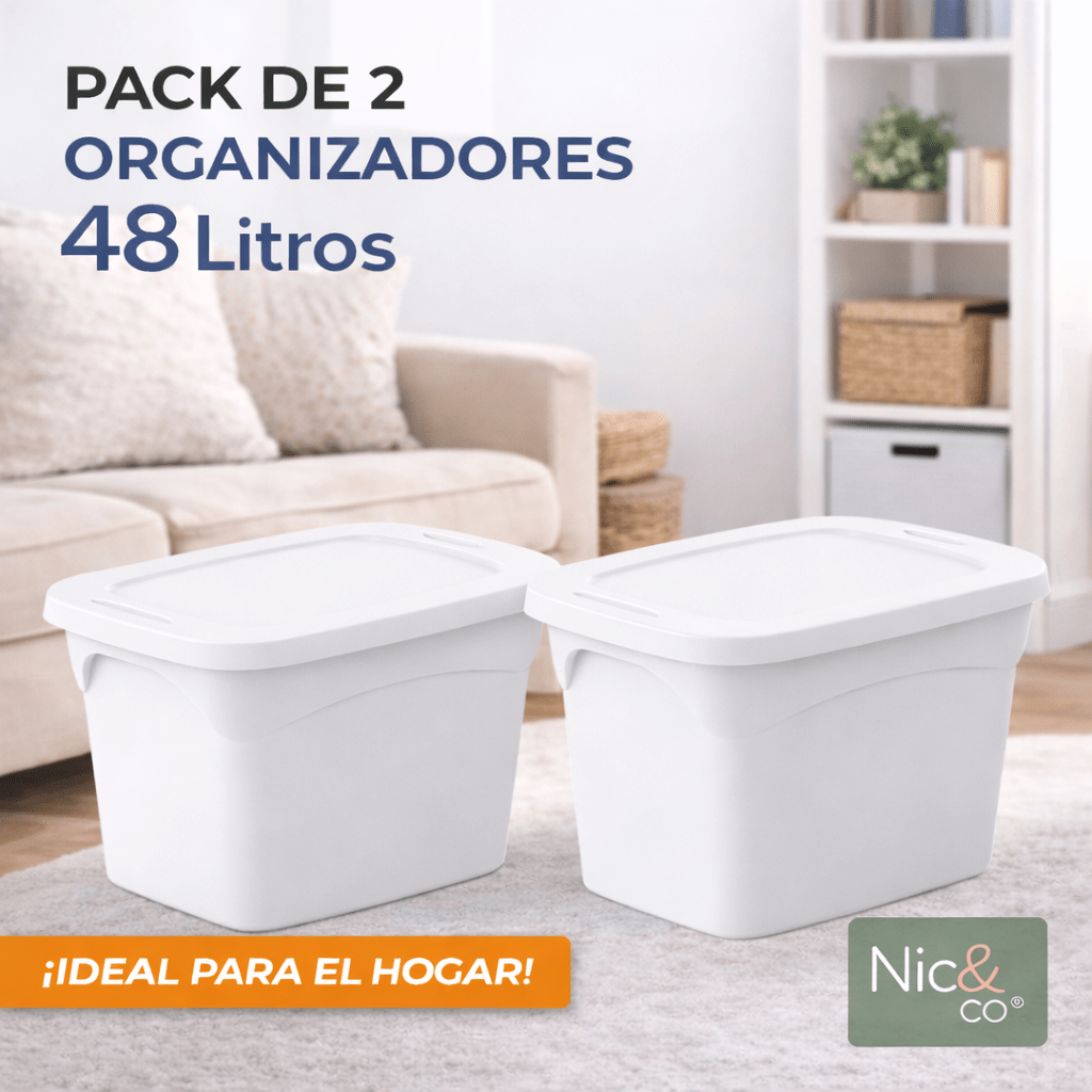 TEMU Nic&Co Pack 2 Contenedores 48L con – Organizadores de Ropa, Juguetes y Hogar, Apilables y de Durabilidad. Plástico de Calidad.