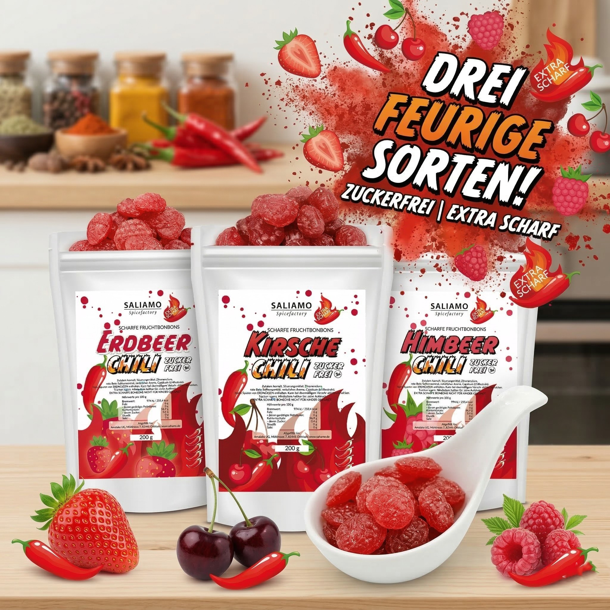 Extra Spicy Chili Fruit Candies, Sugar-free – 200g – Cherry, Strawberry, Or Raspberry – Fiery Fruit Kick Without Sugar
