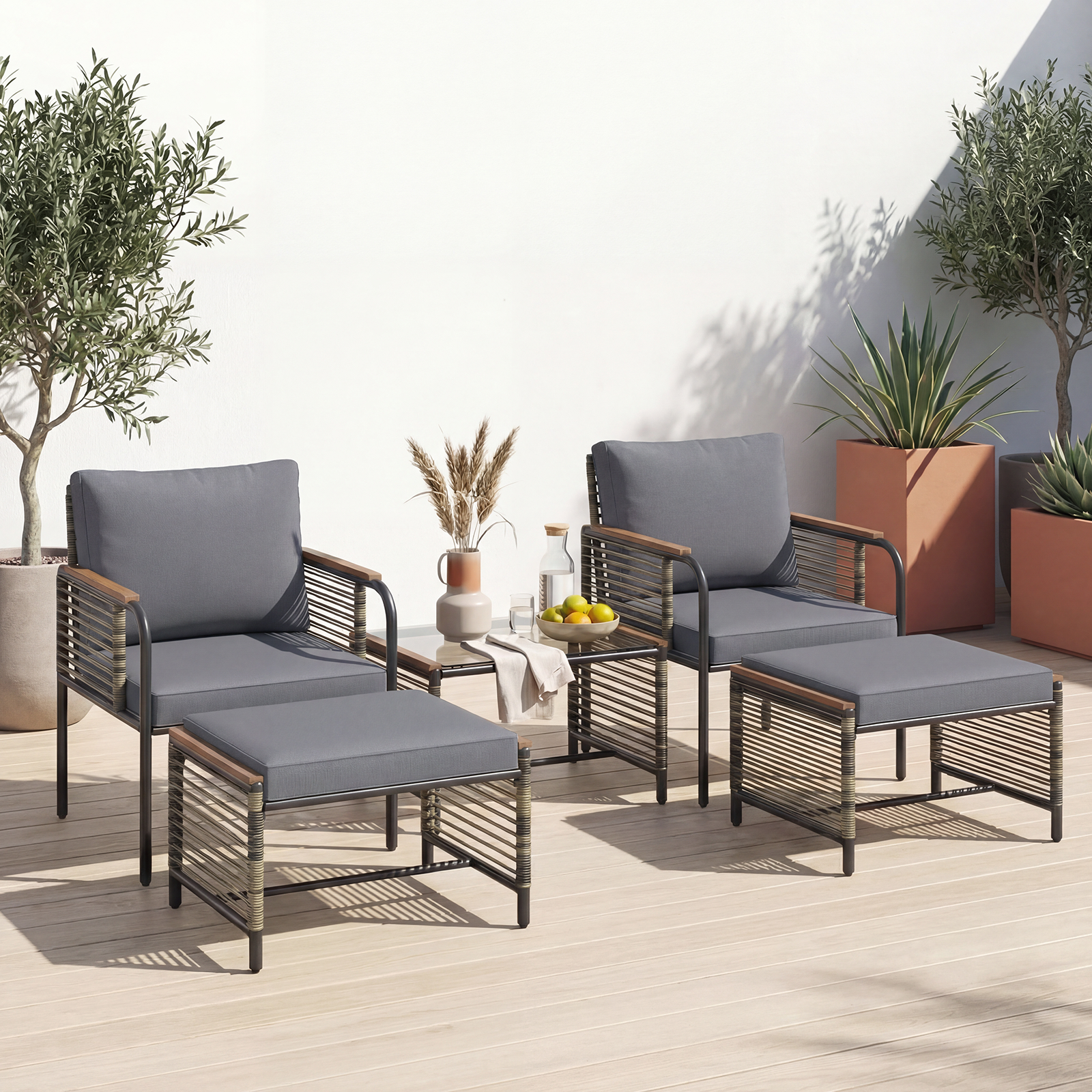 Image of 5pcs Garden Set, Pe Rattan Outdoor Lounge Set With 2 Cushioned Armchairs, 2 Footrests And Tempered Glass Coffee Table