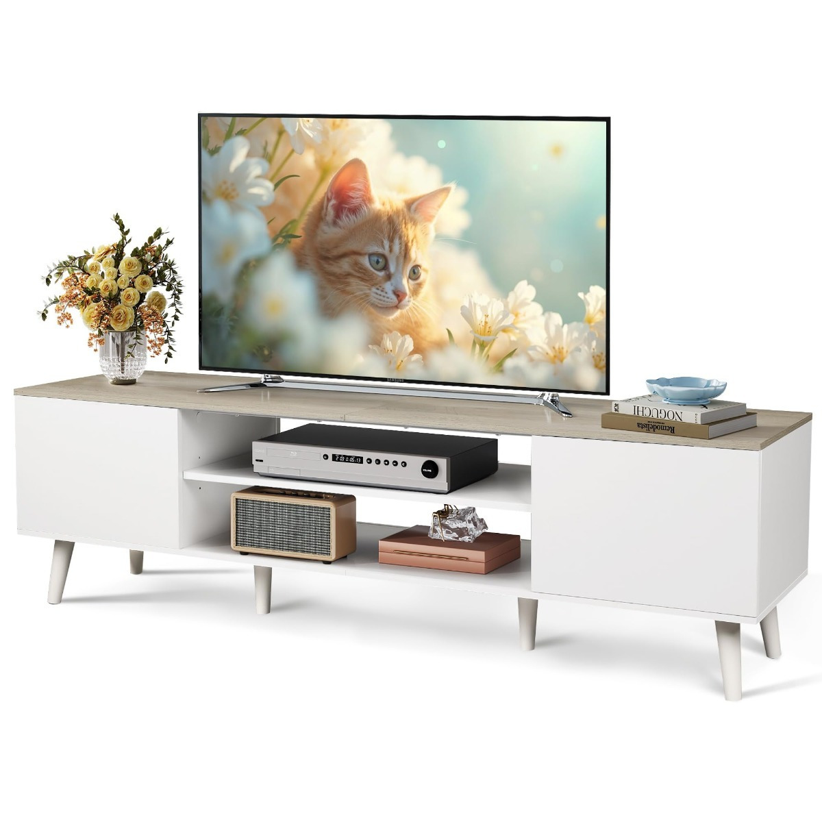 Image of Tv Cabinet 160 Cm Long, Wooden Lowboard For 60 65 70 Inch Tvs, Tv Stand With 2 Doors