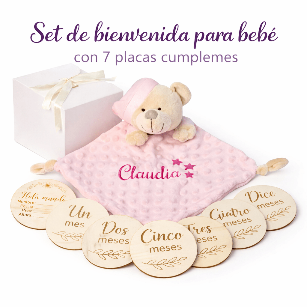 TEMU Regalo Bebé Personalizado con – Dudú con Osito + 7 Placas Cumplemes de Madera – Set Original para Recién Nacido