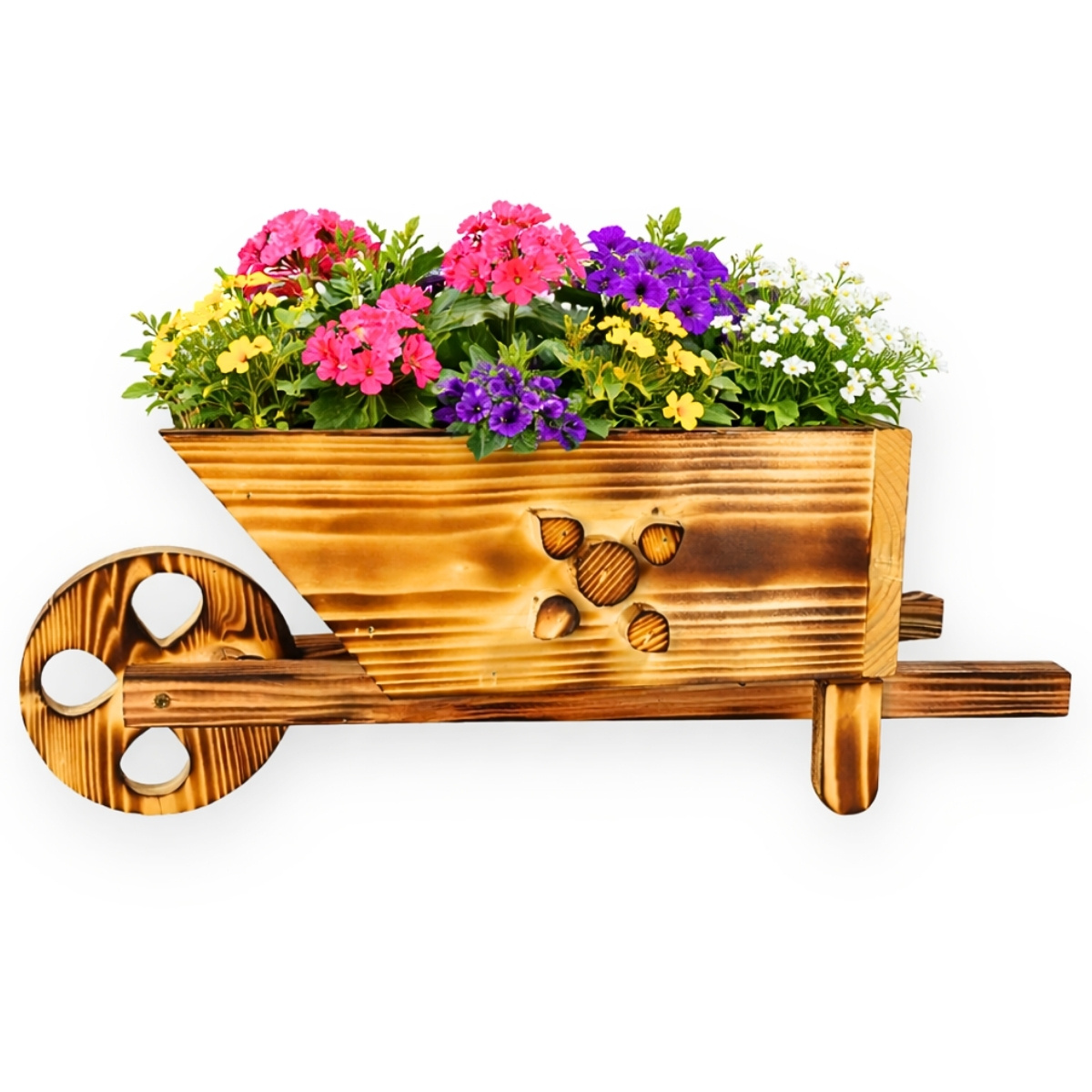 Image of Flower Pot In A Wooden Cart, Garden Decoration, Wooden Planter, Decorative Wooden Planter, Garden Pot, Gift For Garden Lovers, Home Decoration, Planting Trolley