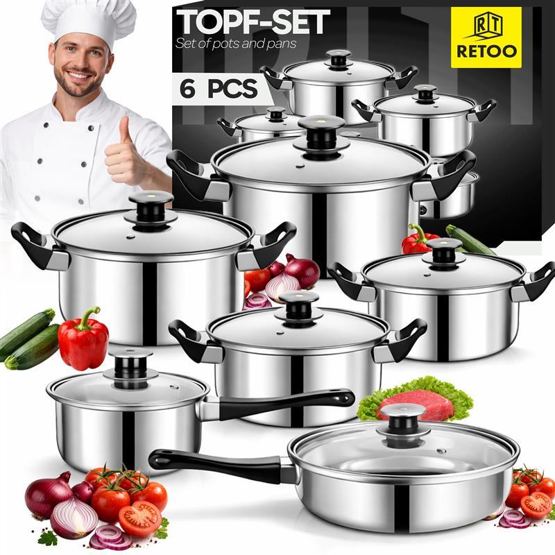 E-shop 6-teiliges Kochgeschirrset aus Edelstahl mit Pfanne, Töpfe, 6-teiliges Kochgeschirrset mit Deckeln, einsetzbar für Gas-, Elektro- und