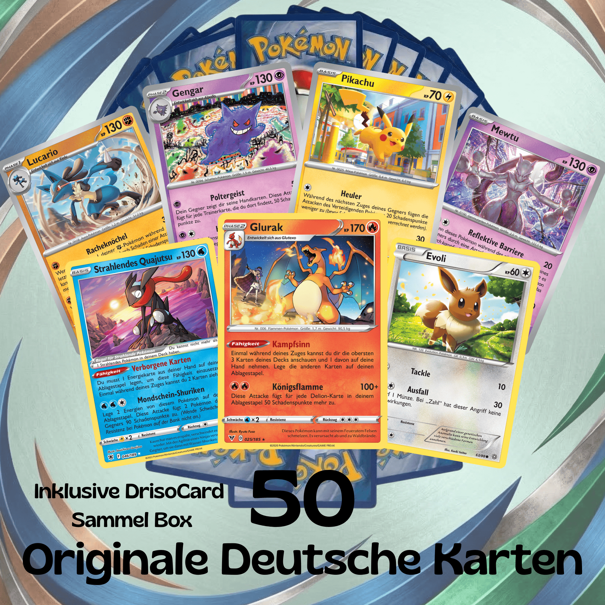 E-shop 50 Pokémon Karten DEUTSCH + – 5 SELTENE /REVERSE – Mega Geschenk-Set für Kinder &