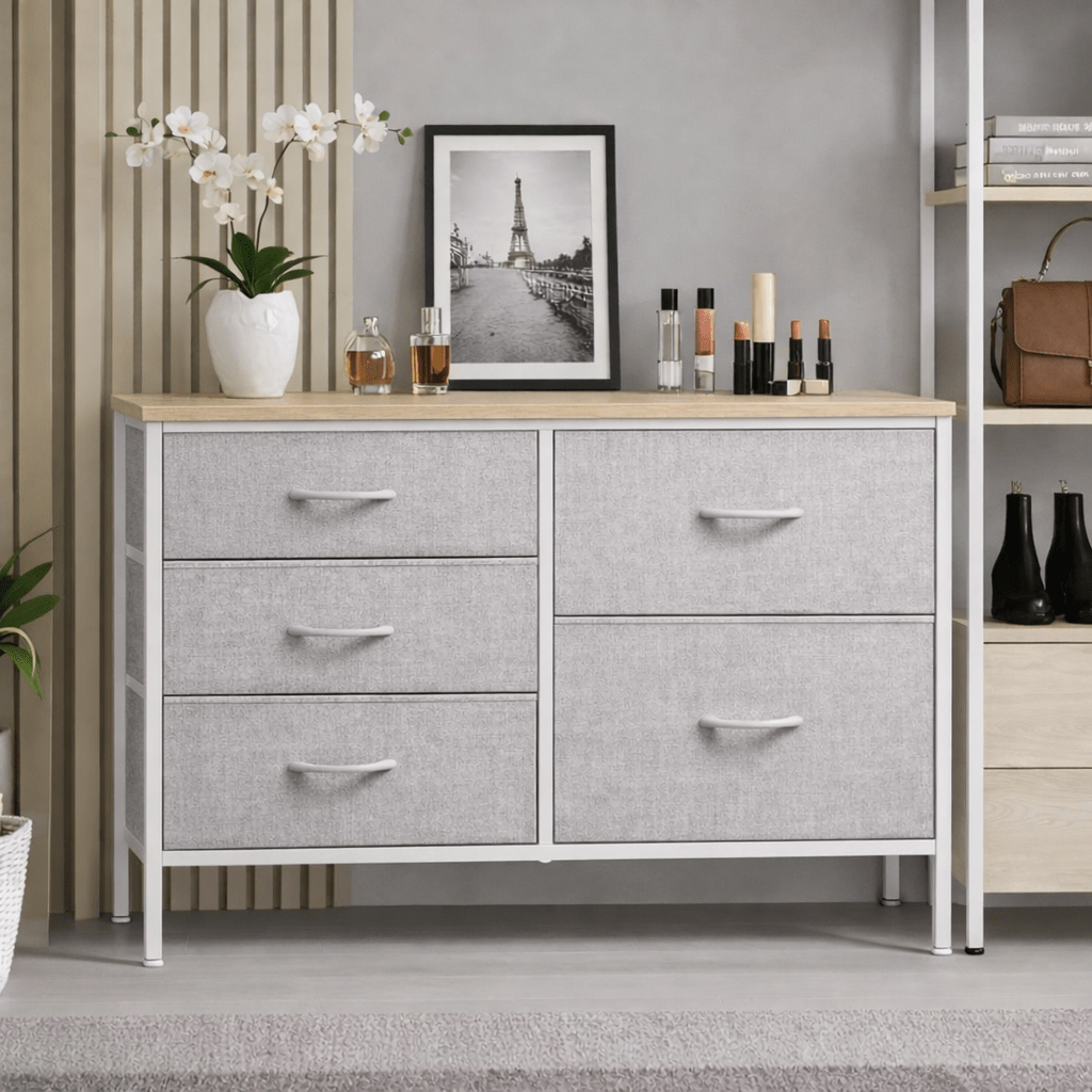 Image of Tv Stand For Bedroom With 5 Storage Drawers, Fabric Chest Of Drawers With Metal Frame, Living Room Storage Organizers Units For Clothes, Tv Stand And Hallway