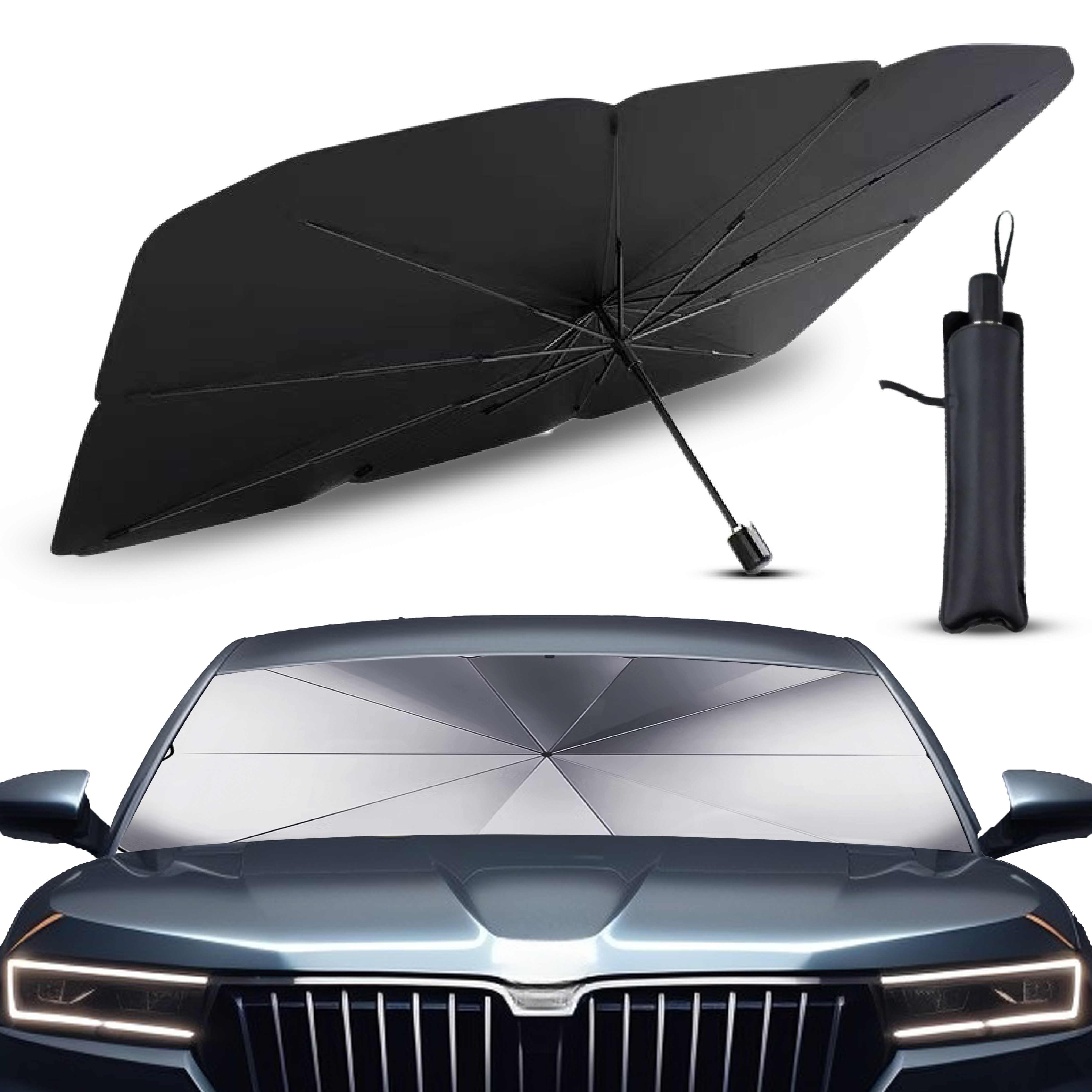 TEMU Parasol Coche Delantero Protector Solar SUV y Camión Parasol Paraguas Coche a los Rayos UV Parasol Plegable con Eje Giratorio y Revestimiento de