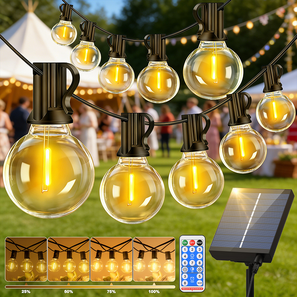 dimmable solar outdoor string lights 100ft 60ft 50ft g40 solar powered garden lights remote 3 timer 8   waterproof outside festoon lights for gardens patios fences pergolas