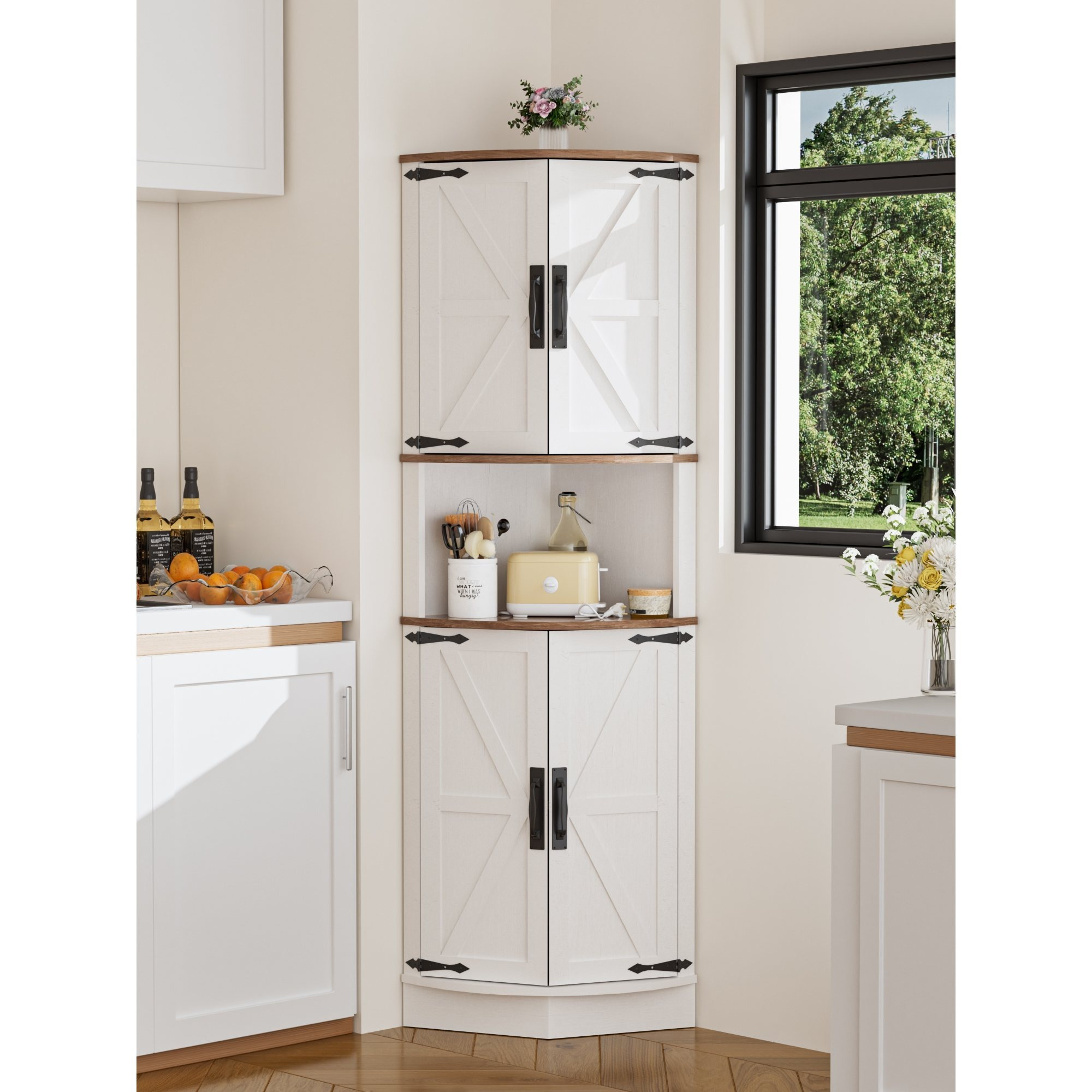 Image of Tall Kitchen Cabinet, Corner Cabinet, Narrow Bathroom Cabinet, Corner Shelf With And 5 Storage Surfaces, 165cm Wooden Storage Cabinet, Tall Cabinet For Kitchen, Living Room, Dining Room, White.