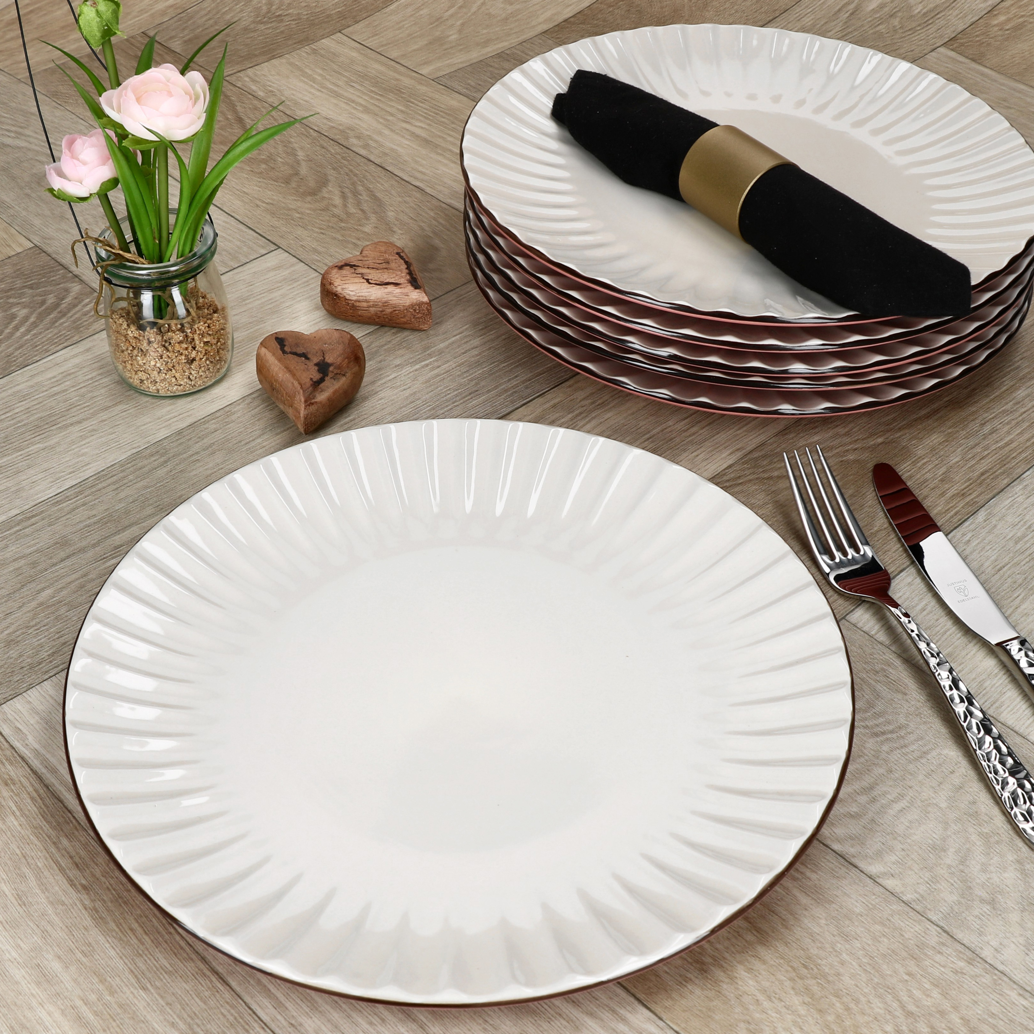 Image of Mäser Rose White 6x Dinner Plate Pink Cream Stoneware Tableware Plate