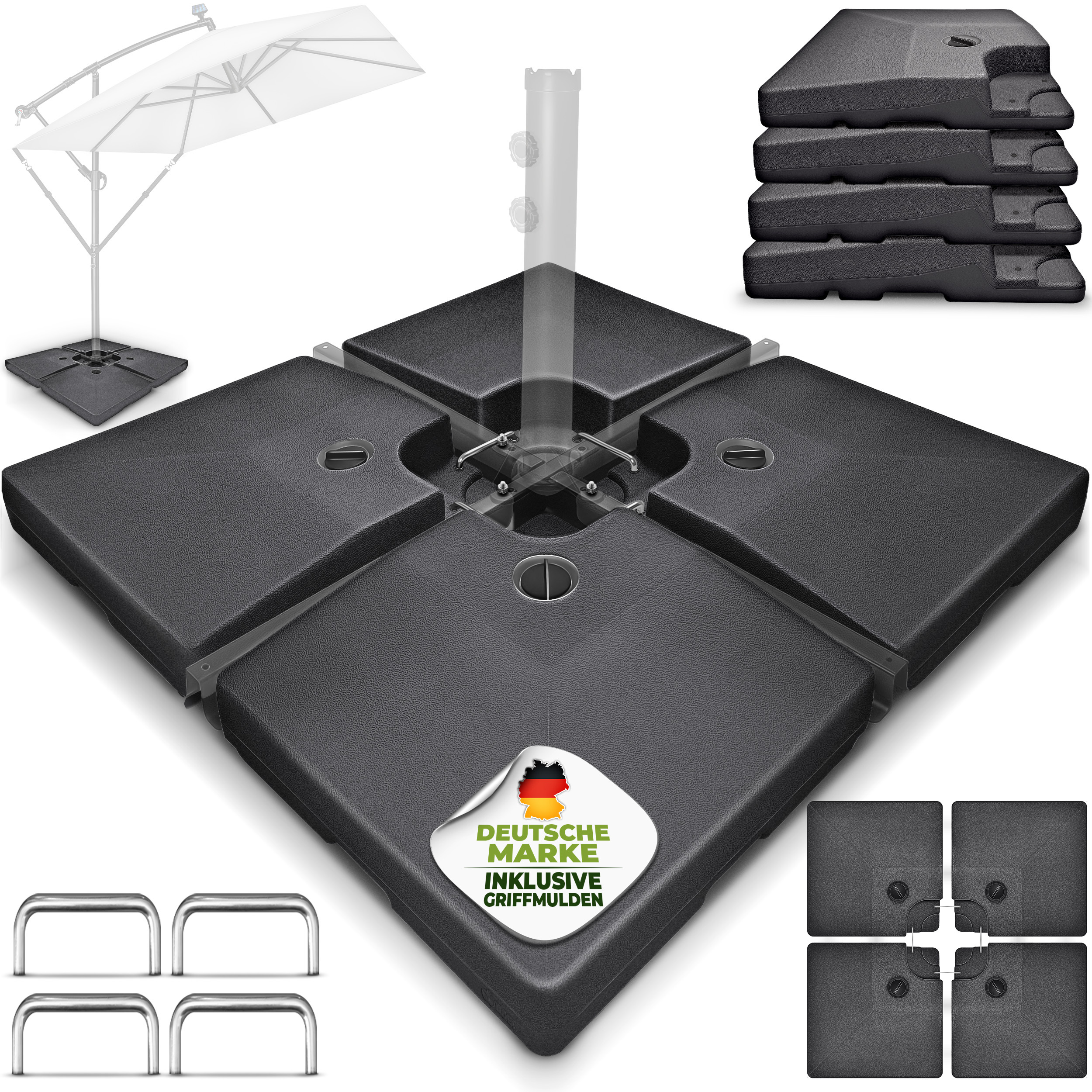 E-shop tillvex® Sonnenschirmständer 90 Liter / 120 kg – 4-teilig für Ampelschirm inkl. Metallverbinder | Schirmgewicht befüllbar mit Wasser oder Sand |