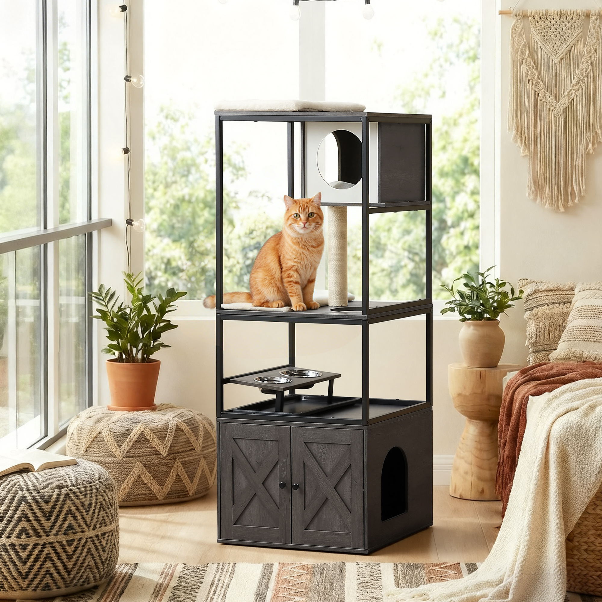 Image of Cat Tree, 146 Cm With Tilt Protection, Cat Tree With Litter Box Cabinet, Elevated Food Bowl Stand, Sisal Post, Washable Cushions