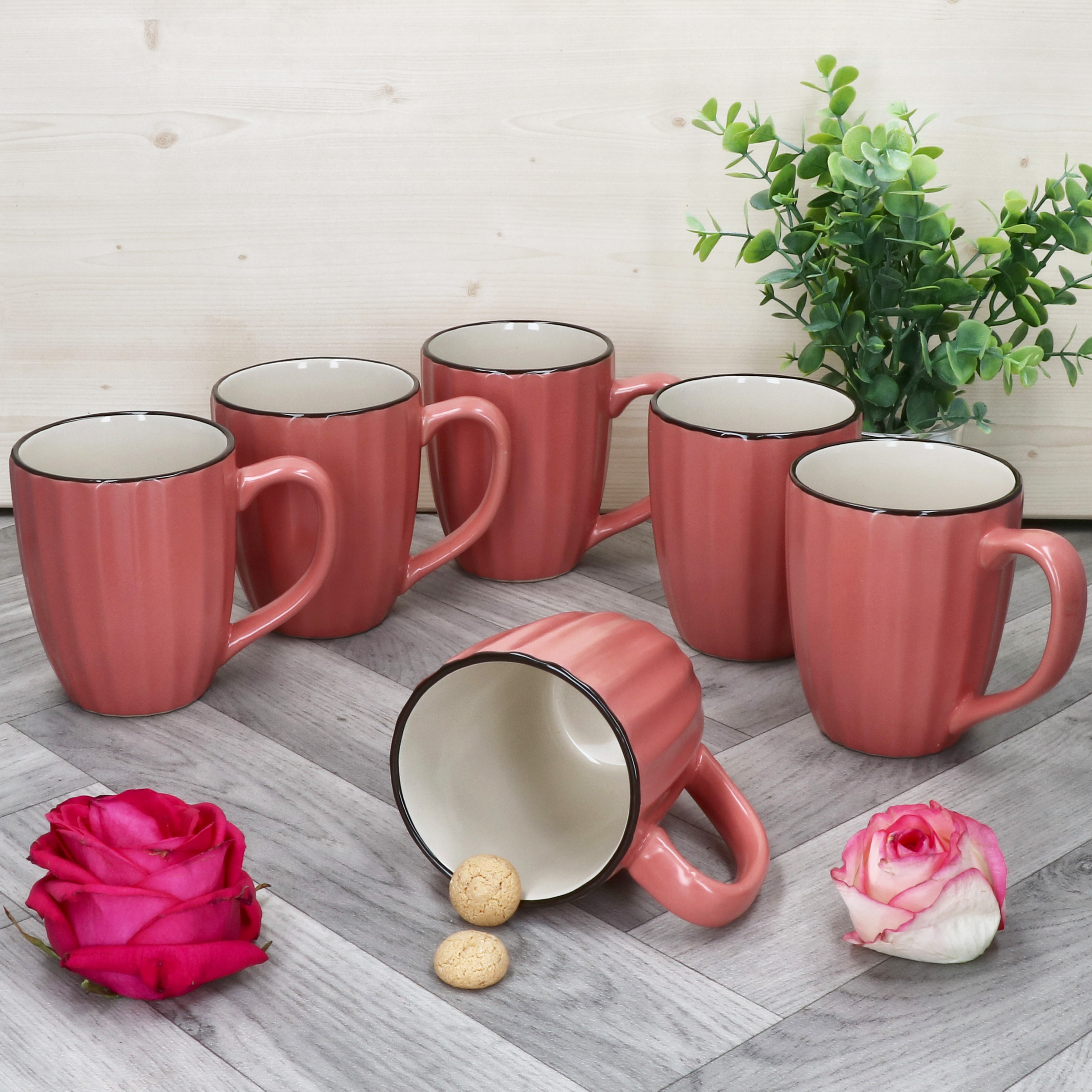 Rose White 6-piece Coffee Mug Set, 300ml Pink Stoneware, 6-person Tea Cup & Mug Collection