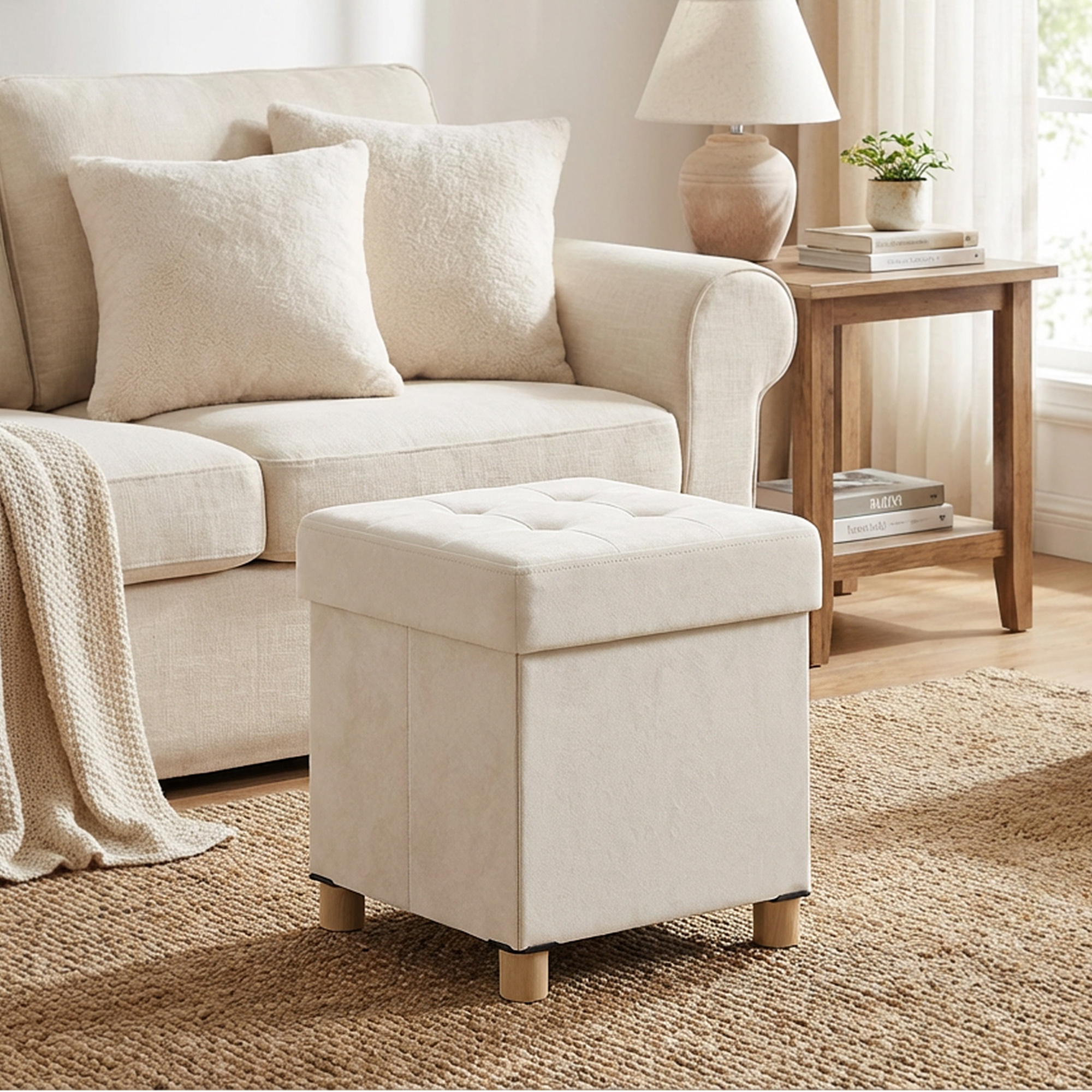 Stool, Storage Bench, 38 X 38 X 40 Cm, Storage Ottoman With Lid, Foldable, Loadable Up To 300 Kg, White