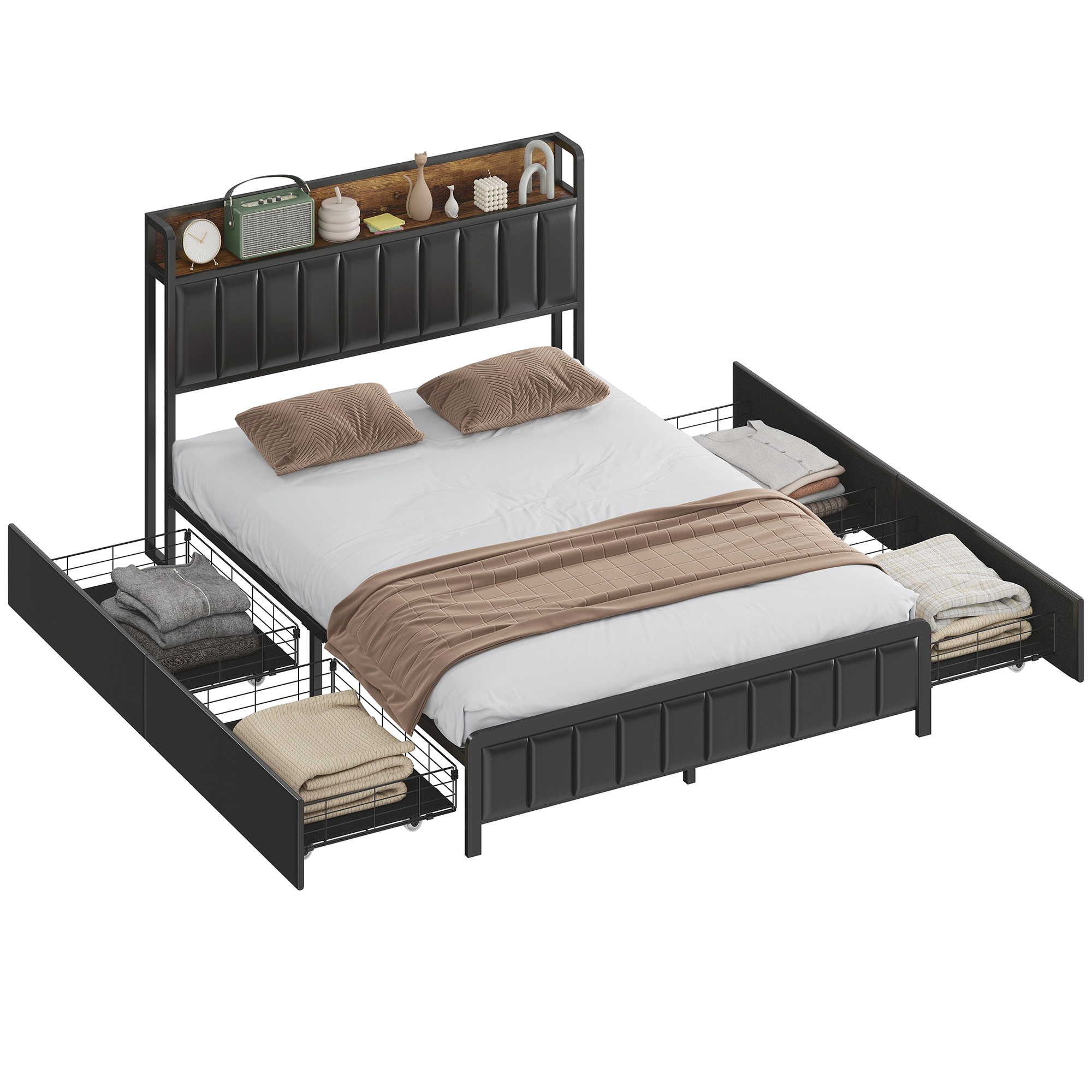 TEMU Cadre de lit 140 x 190 cm avec sommier à lattes en métal et 4 tiroirs, lit double rembourré en cuir synthétique avec tête de lit, pied de lit et