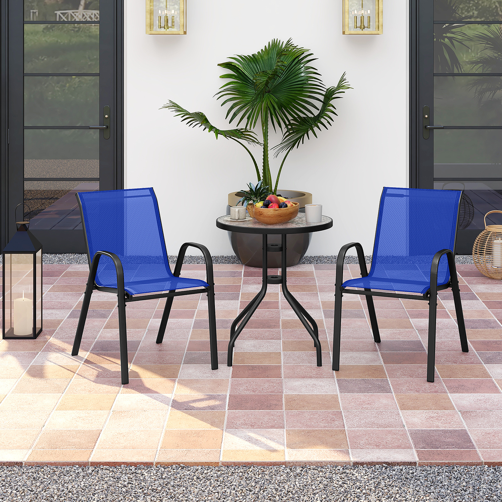 Image of 3pcs Outdoor Bistro Set, Round Side Table With 2 Stackable Chairs, Conversation Furniture With Tempered Glass Tabletop, Patio Dining Set For Poolside, Backyard & Porch, Blue