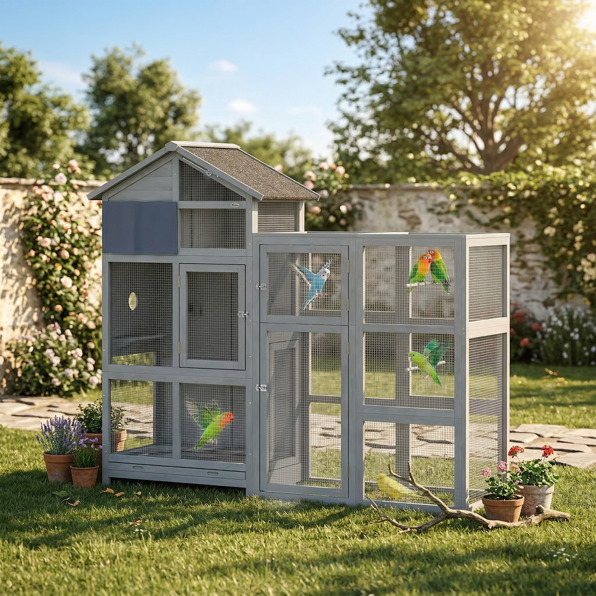 Wooden Bird Aviary With Extension, 6 Perches, 7 Doors, Shelf, Bird Cage With Pull-out Drawer, Stainless Steel Feeders, Birdhouse For And Budgies, Gray, 196x60x164.5cm