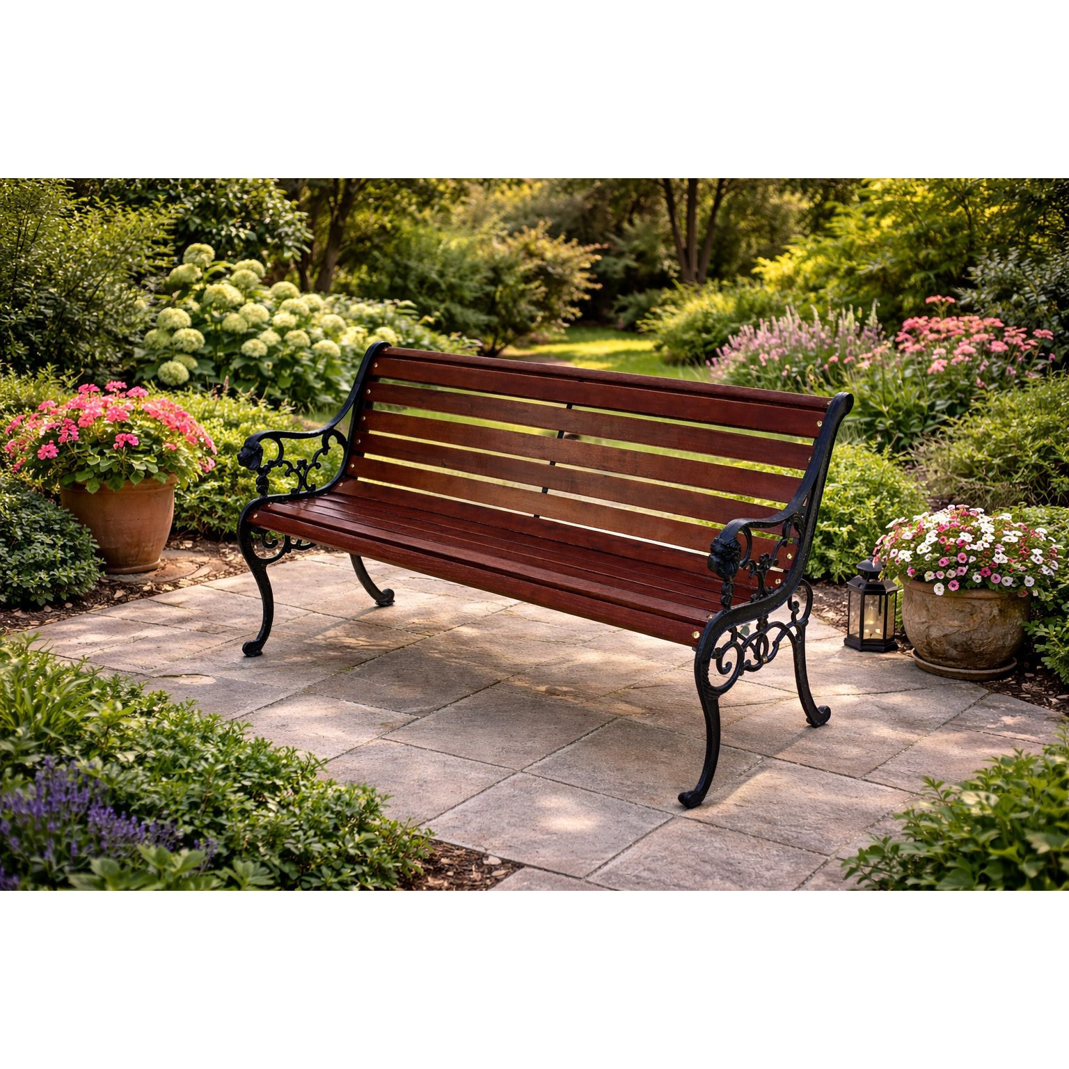 Image of 2-seater Garden Of Cast Iron And Hardwood, Black/-colored, Vintage Bench For Garden, Terrace, And Balcony