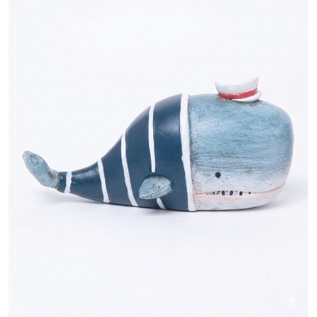 Cute Decorative Whale In Sailor Style – Maritime Figure With Sailboat Or Sailor Hat – Hand-painted Coastal Decor For Bathroom & Shelf – Blue-white-red Summer Decoration