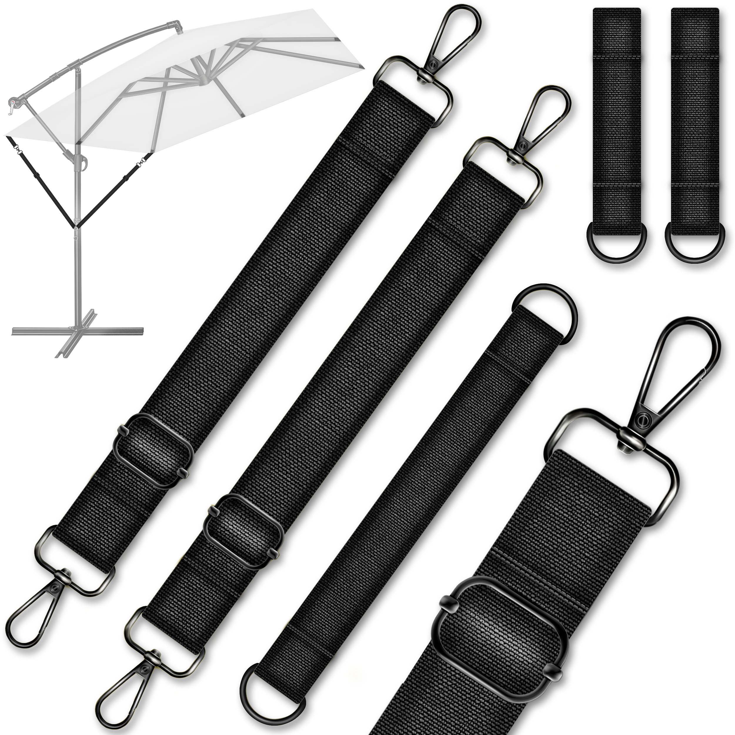 E-shop tillvex® Windsicherung für Ampelschirm bis Ø 400 cm | 5-teiliges Set mit Karabinerhaken – Sicherung für Sonnenschirm, Marktschirm &